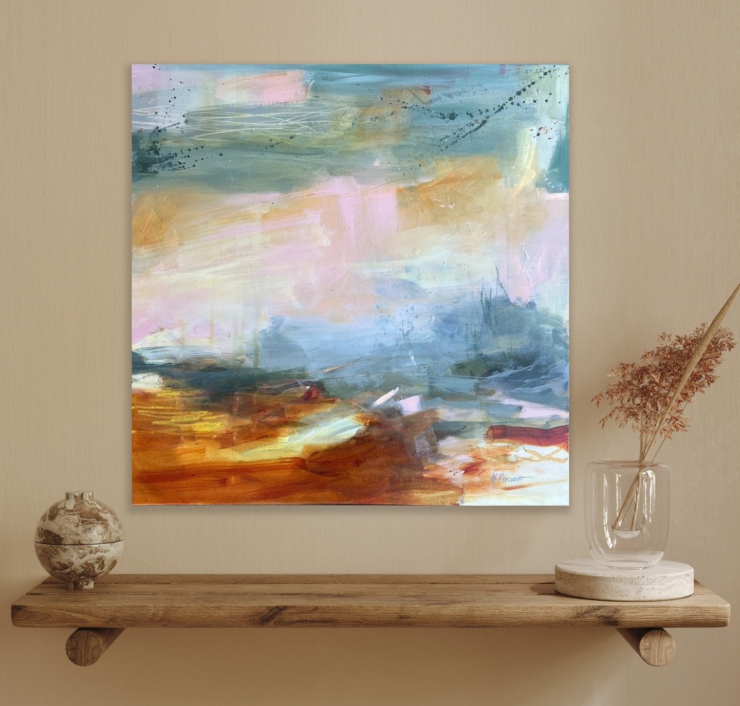 &ldquo;Amber Embrace&rdquo; 24x24x1.5&rdquo; from Beyond the Horizon Collection. 

Buttery layers of amber, pink and soft greens&mdash;an imagined abstract painting born from the quiet force that pushes me to create.
Inspired by nature and shaped by 