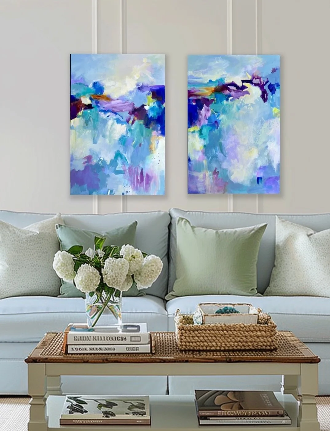 &ldquo;In Harmony We Shine&rdquo; 36x48&rdquo;

This abstracted landscape wasn&rsquo;t meant to be a diptych, it simply evolved that way as the painting unfolded. Turns out two is better than one. 

The bold violets, calming creams, and soft blues fo
