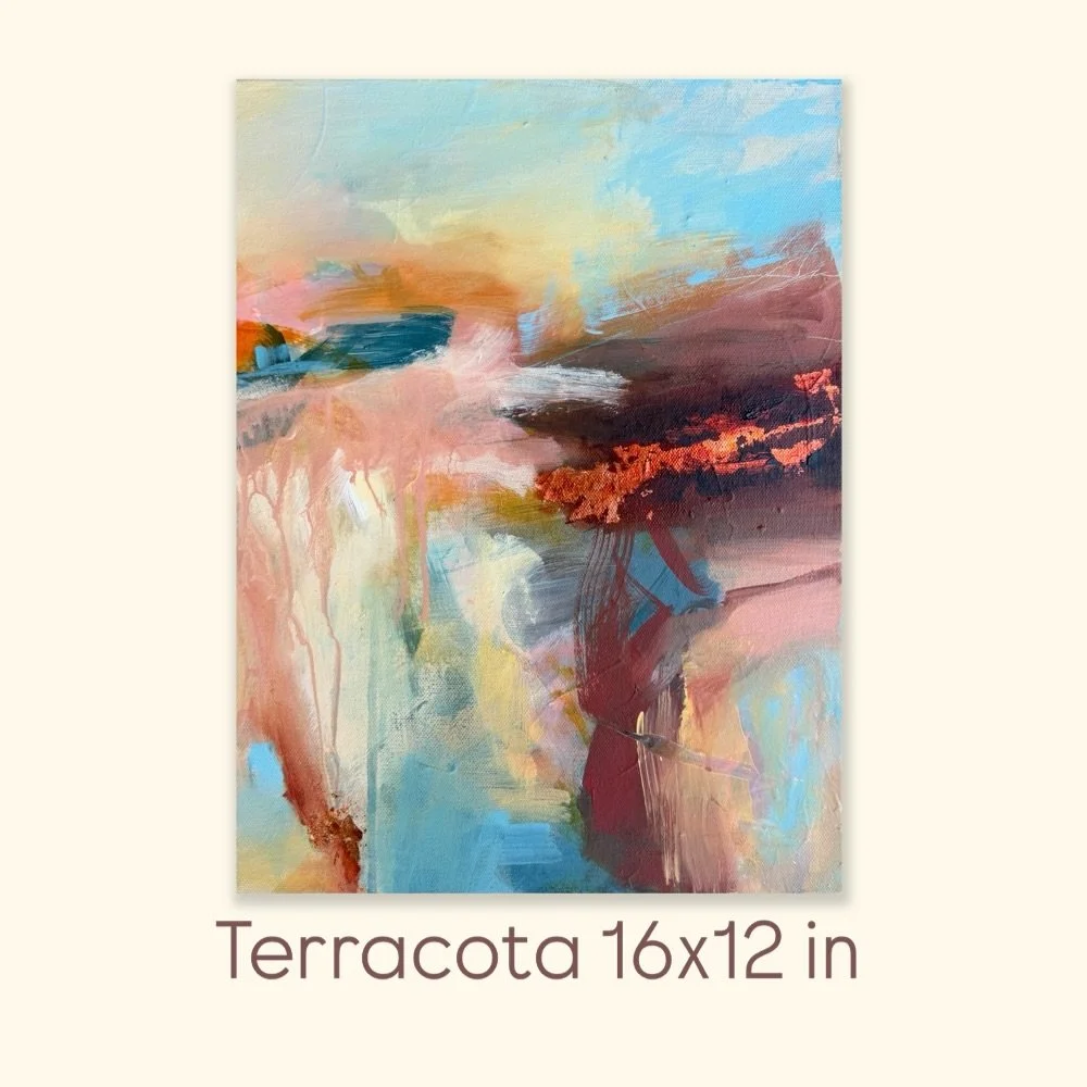 Sometimes a painting takes its own path. This small abstract landscape started intuitively and slowly revealed itself layer by layer. It took time, patience, and a few surprises&mdash;like a touch of copper leaf that catches the light. 
Inspired by t