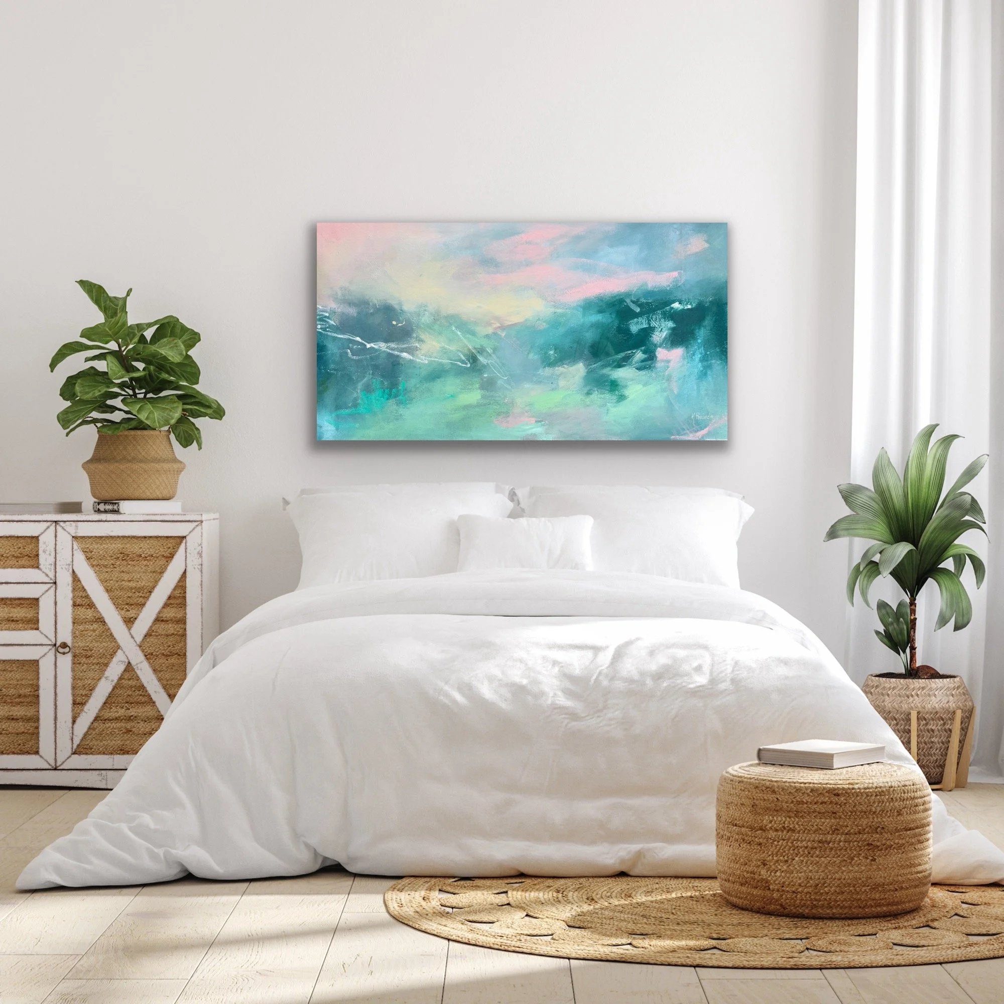 Large, serene seascape with turquoise and teal color palette
