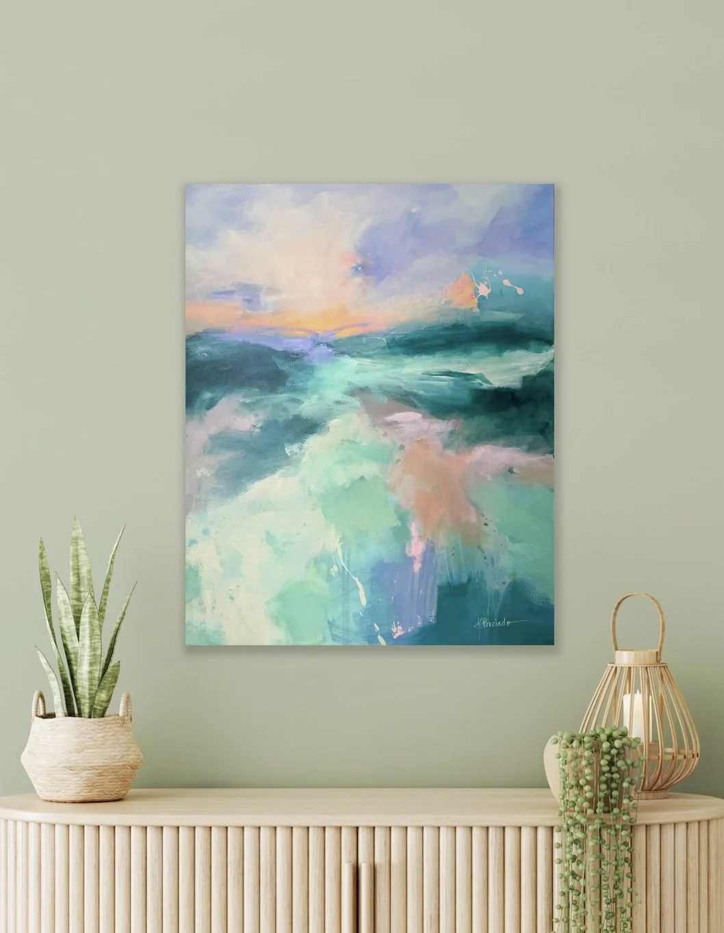 Teal, turquoise and blush abstract seasape