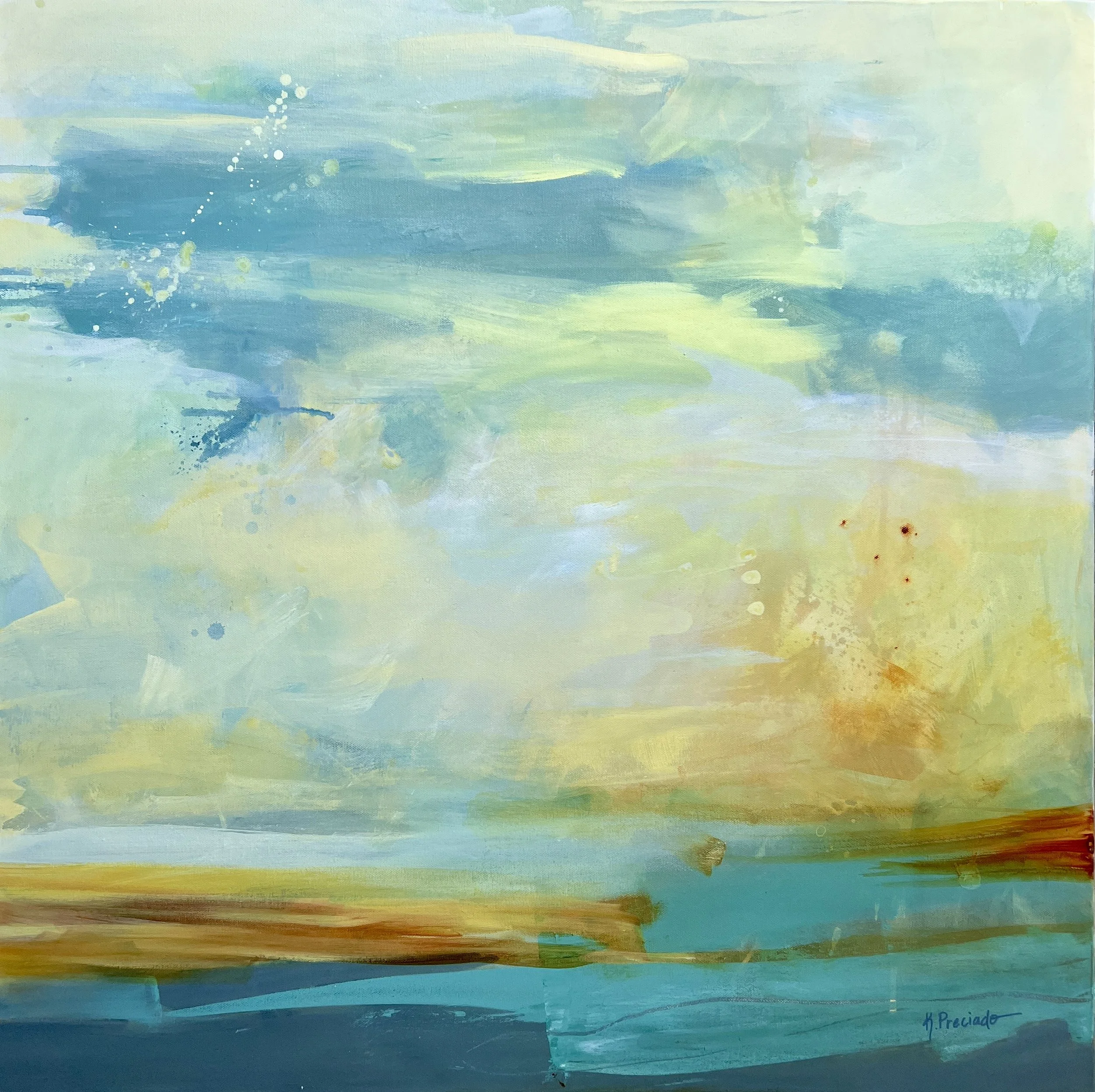 Serene abstract landscape painting with soft yellows and blues by Karla Preciado