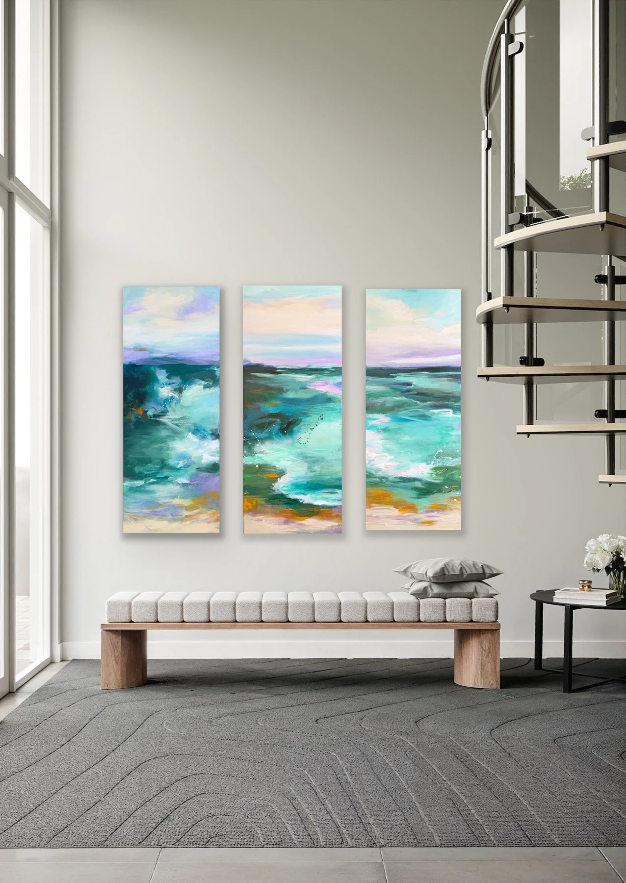 Abstract seascape tryptic artwork for contemporary spaces