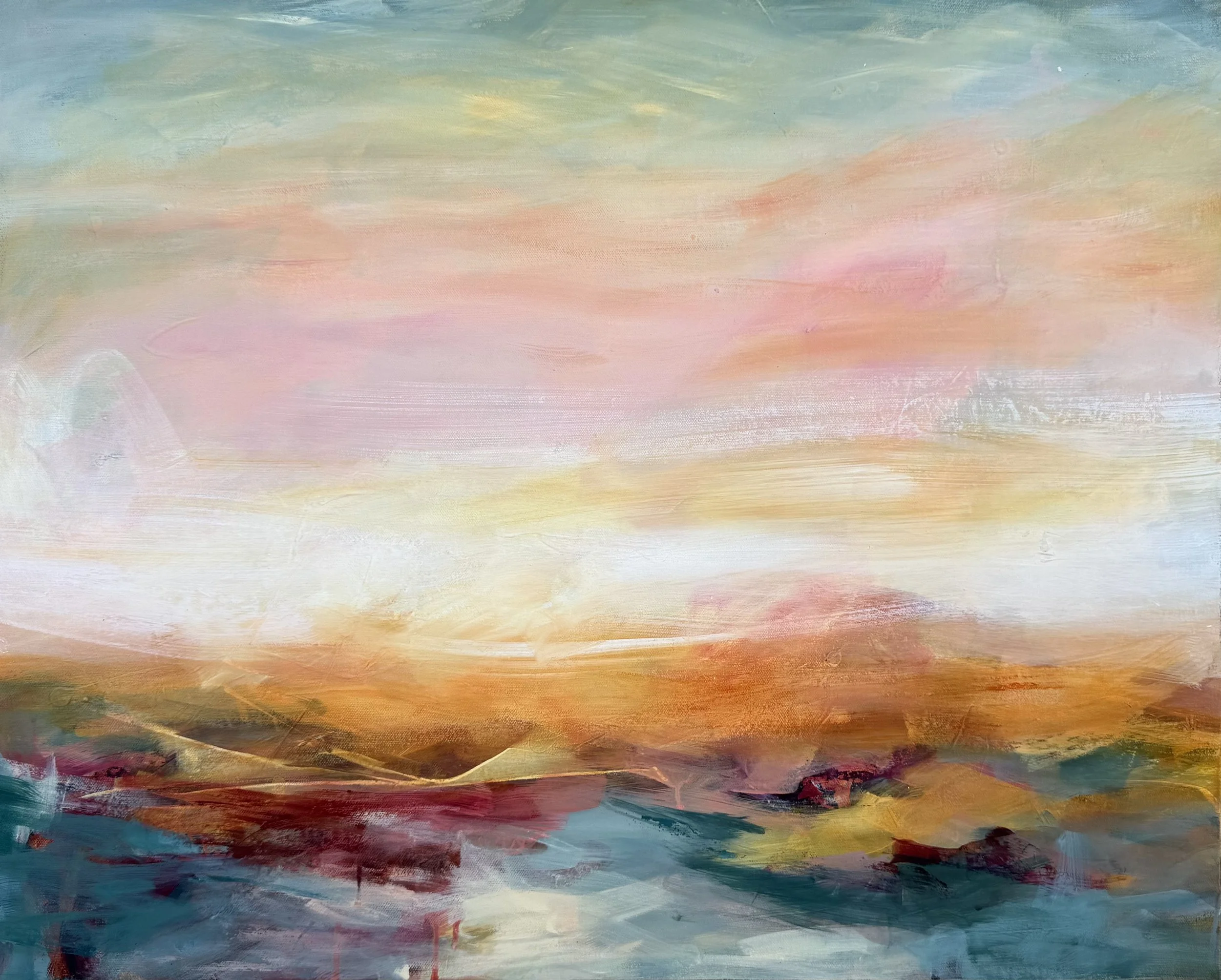 warm, glowing sunset painting in orange hues by Karla Preciado