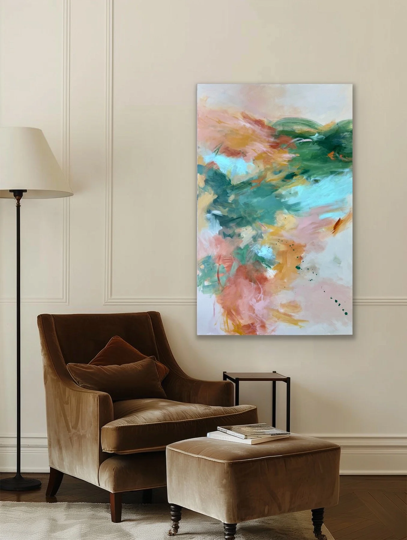 Soft pink and green abstract painting for living spaces