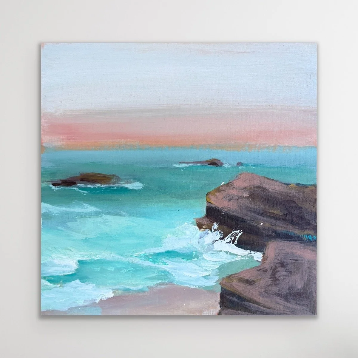 La Jolla shores painting with teal waters and pink sky