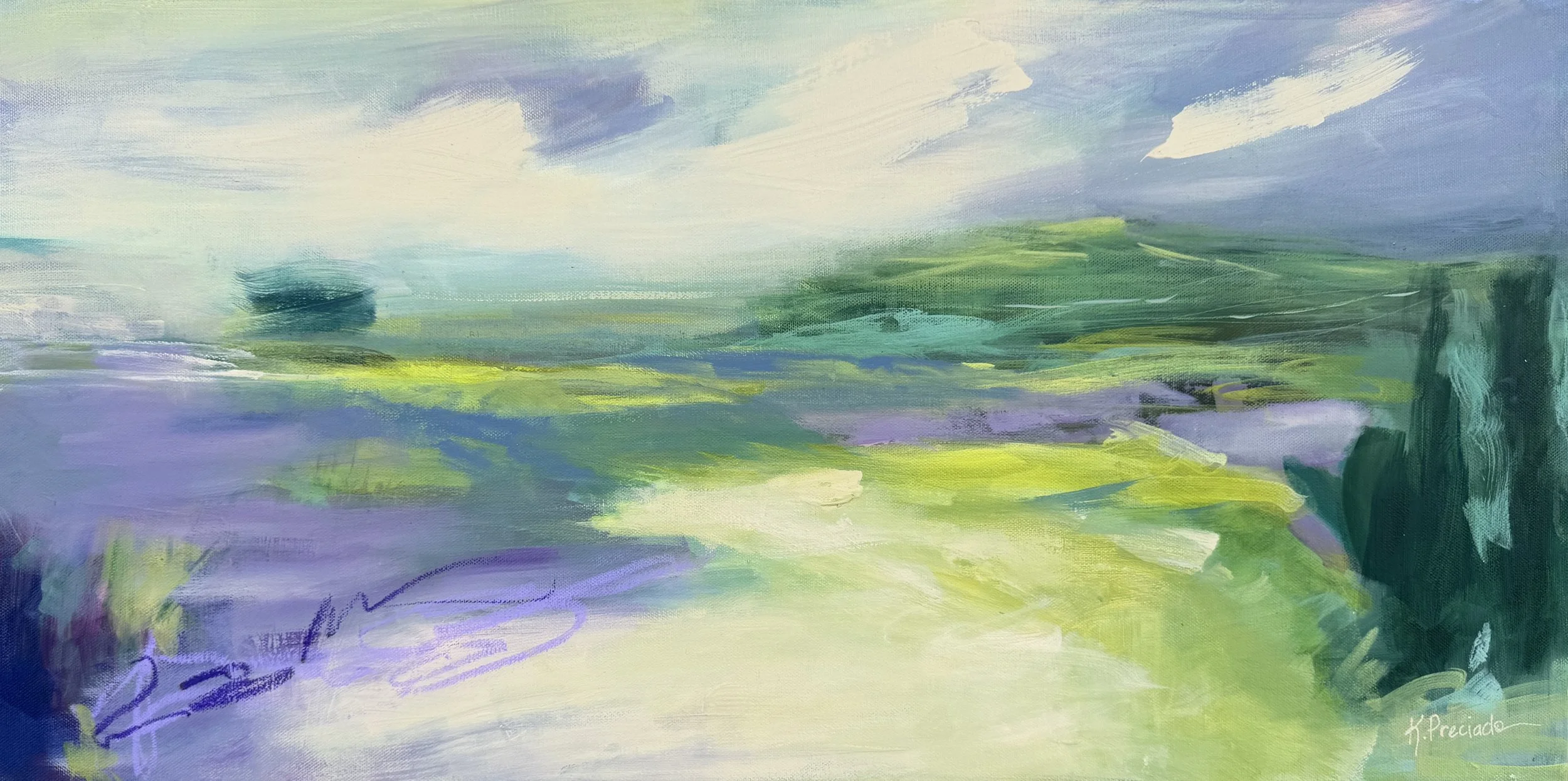 Serene, atmospheric wall art in green and lavender tones by Karla Preciado