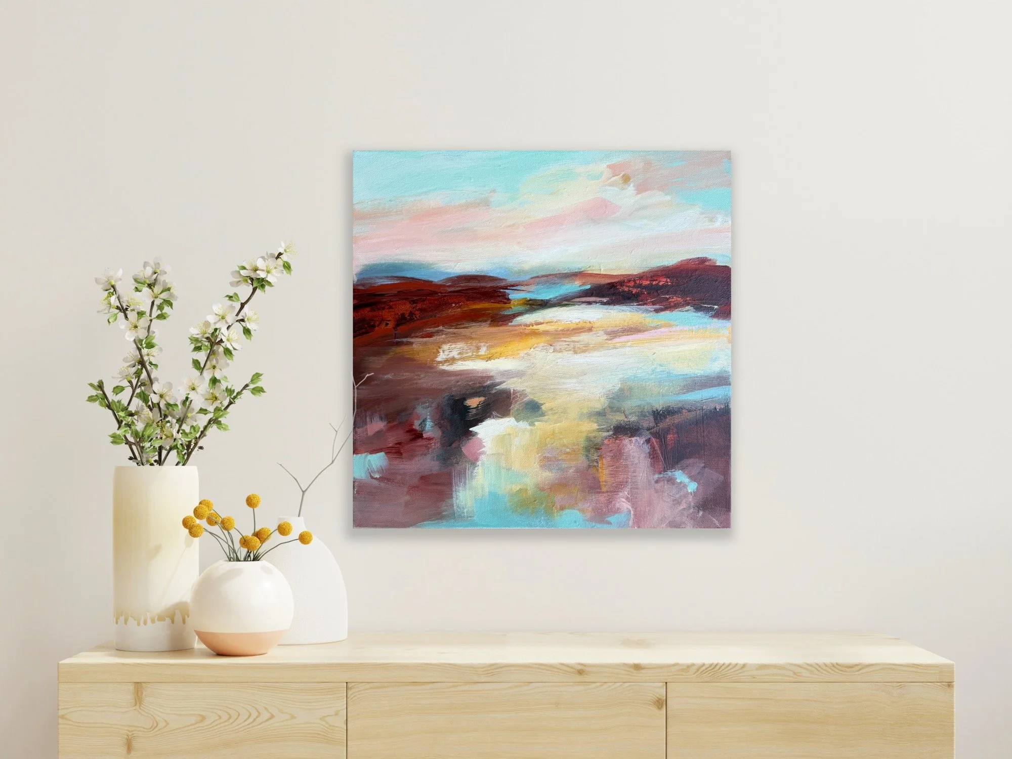 Small abstract landscape art in pinks and terracotta hues by Karla Preciado