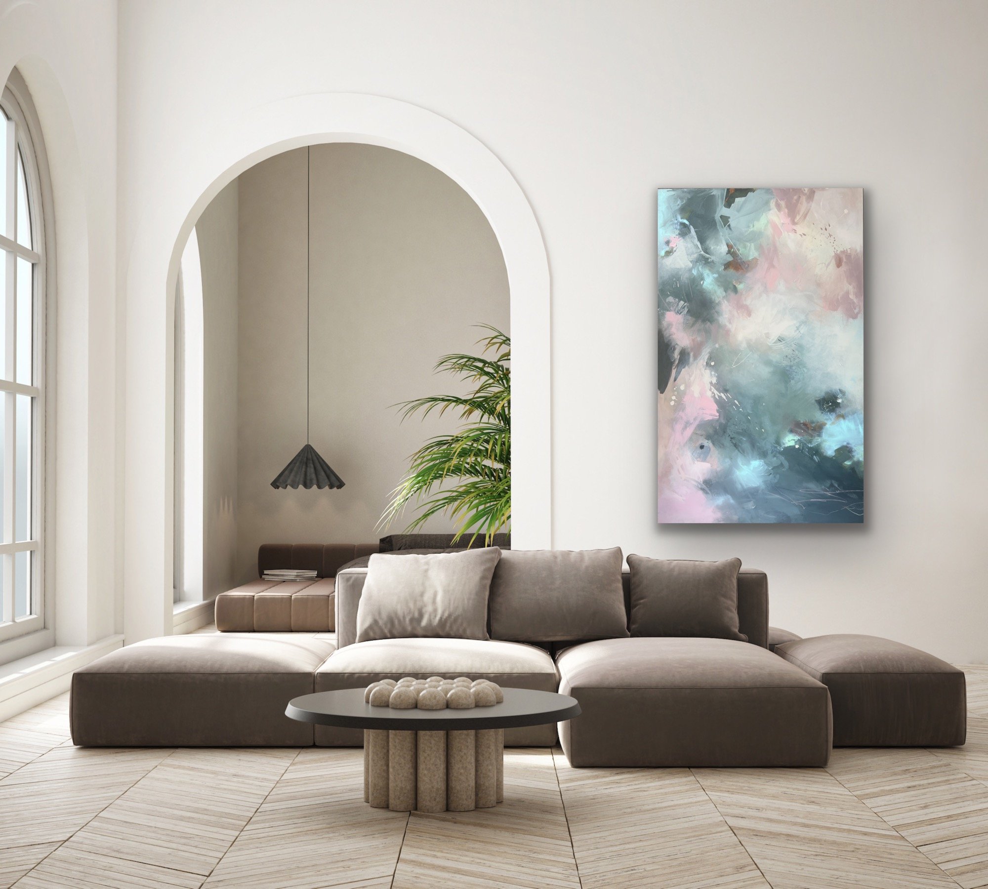 Large abstract painting with soft greens and pinks by Karla Preciado