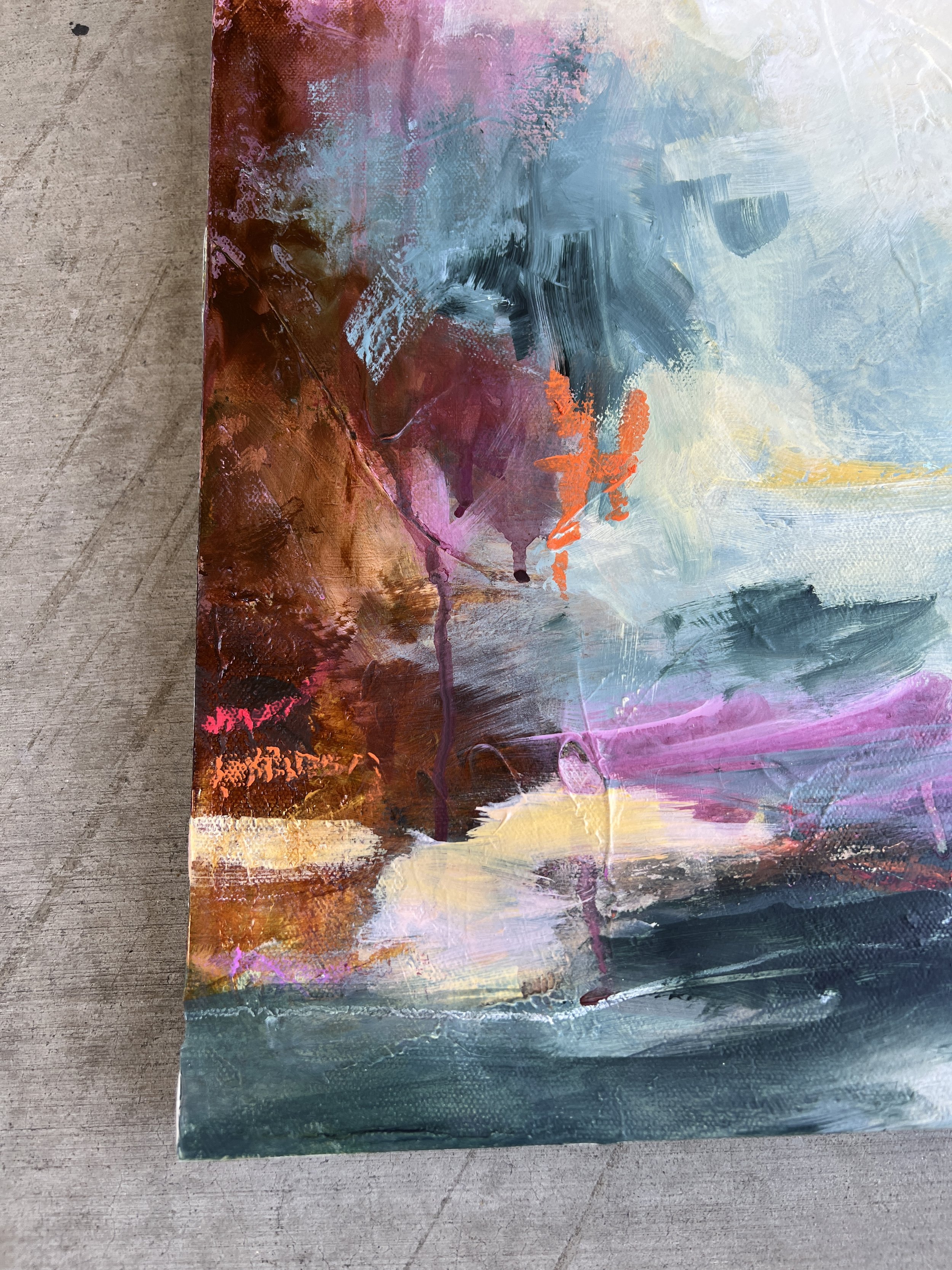 close up details of abstract landscape painting by Karla Preciado
