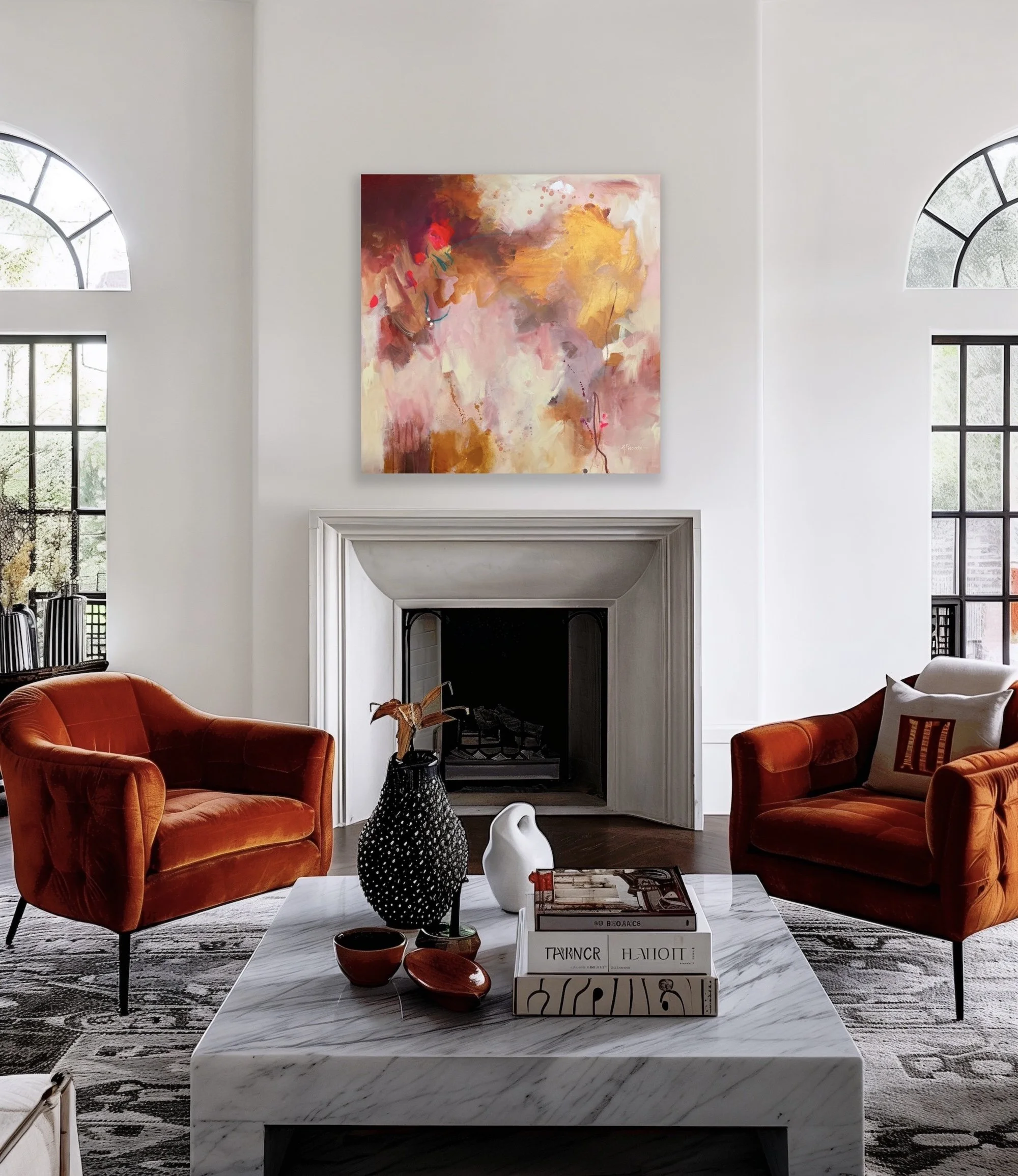Pink feminine abstract landscape for home, office and interior design