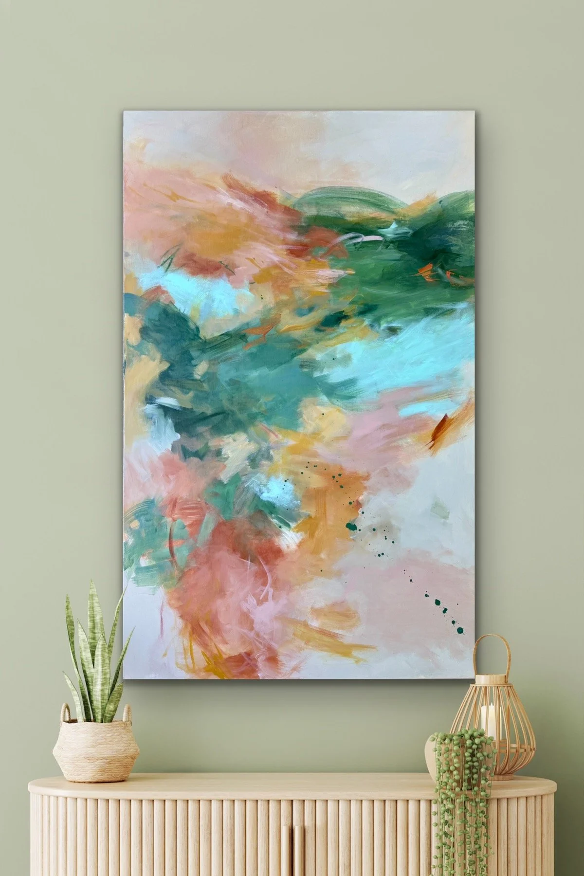 large green and pink abstract wall art by Karla Preciado