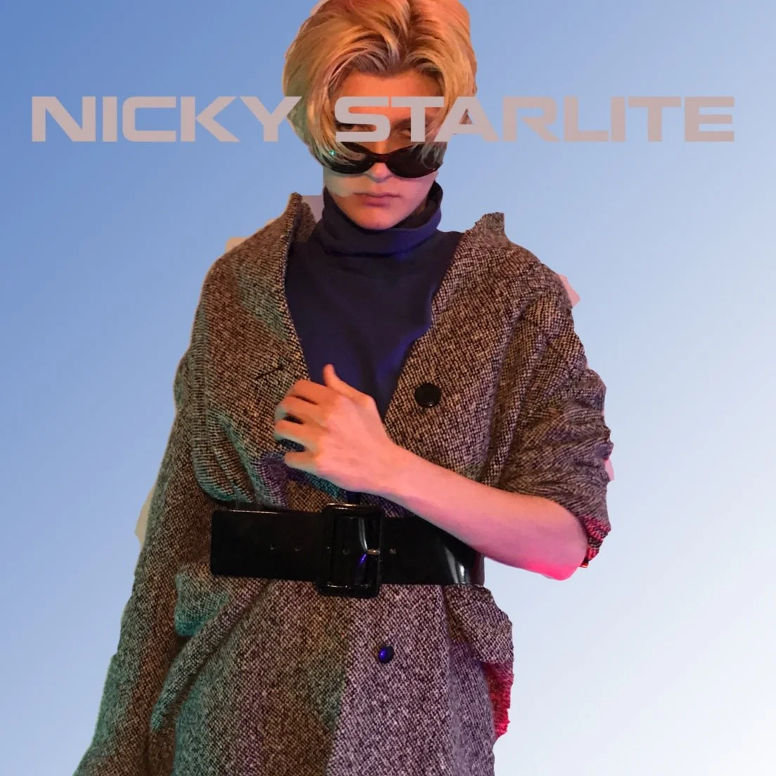 A person with blonde hair wearing dark sunglasses, a blue turtleneck, and a gray patterned coat with a black belt, posing against a blue gradient background with the text 'Nicky Starlite' overlaid.