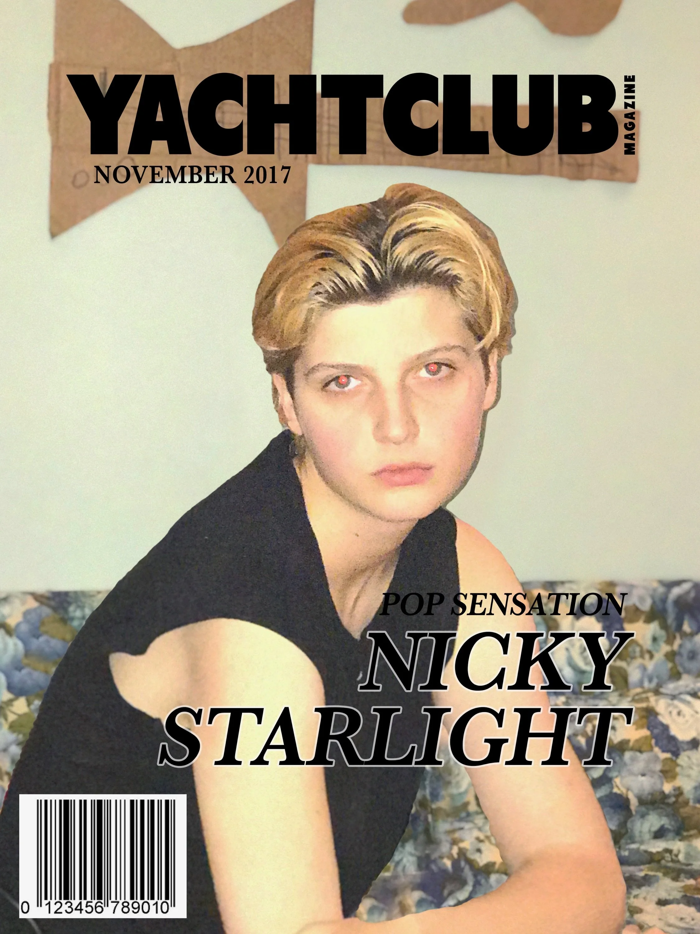 A magazine cover titled "YACHTCLUB" from November 2017 imagining the artist as popstar with short blonde hair, wearing a black sleeveless top, sitting on a floral patterned sofa.