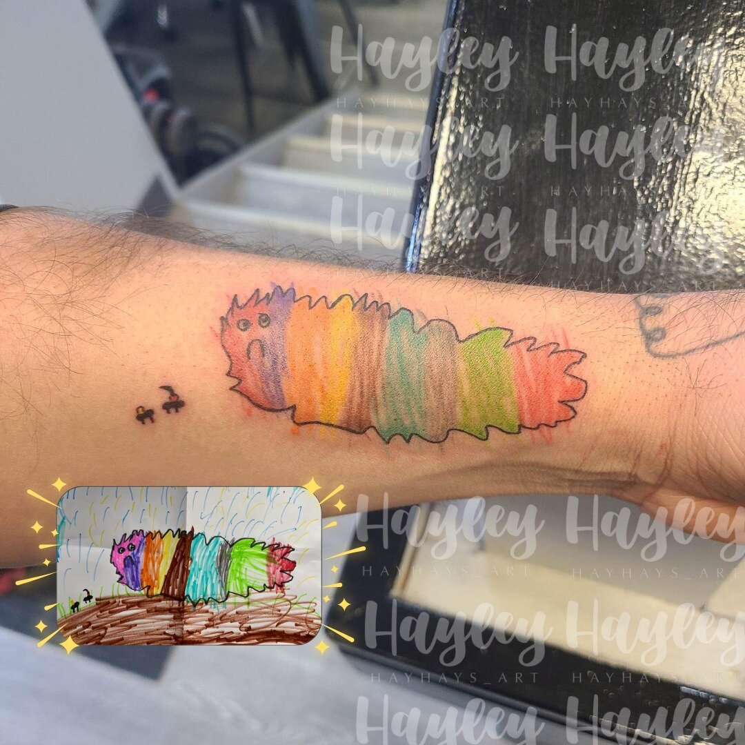 Hayley's client wanted their child's drawing and we love these styles of tattoos! I am still waiting for my oldest to draw something that she will tattoo on me :)

Do you have a kid's drawing as a tattoo?  Post in the comments for your chance to win 