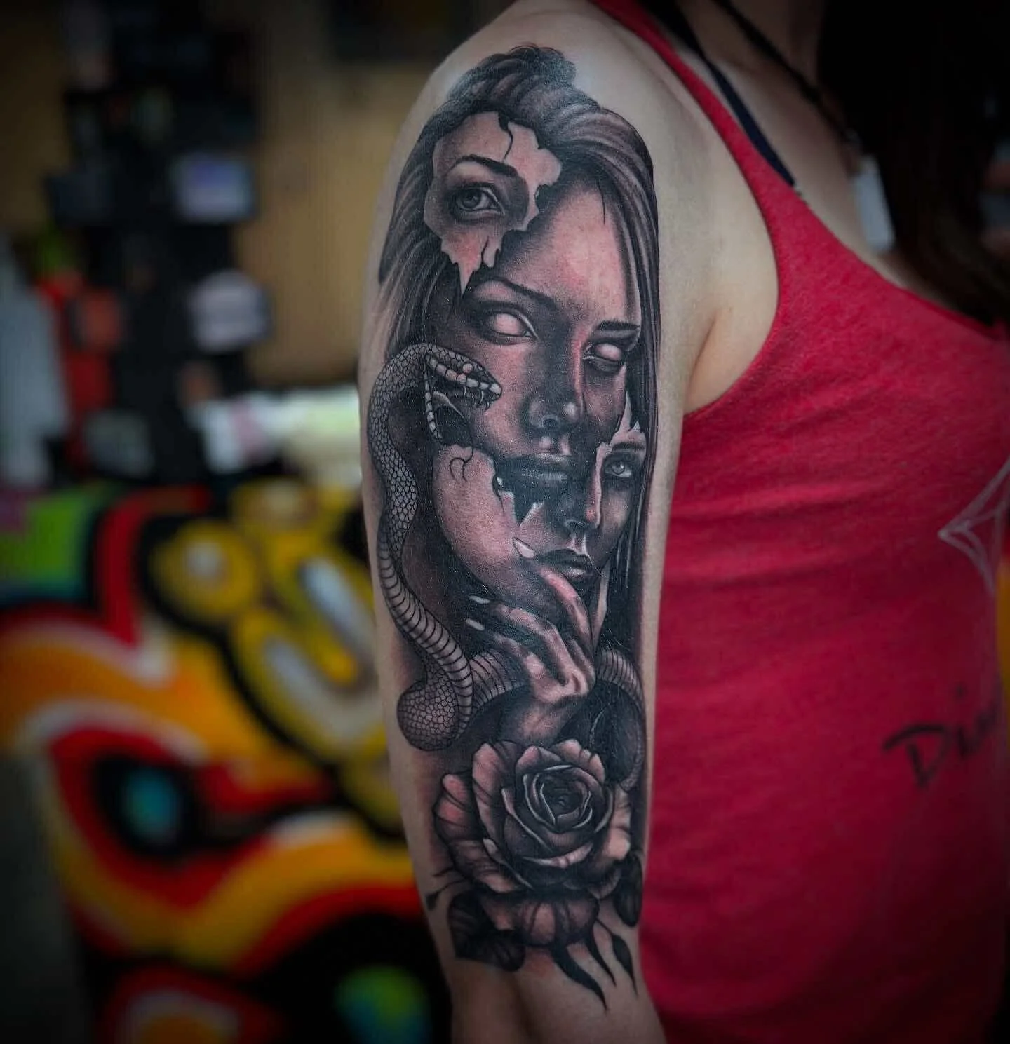 Super cool finished piece Ashlyn did on Paige recently! Use our booking form or consultation link in our bio to inquire about your next tattoo!