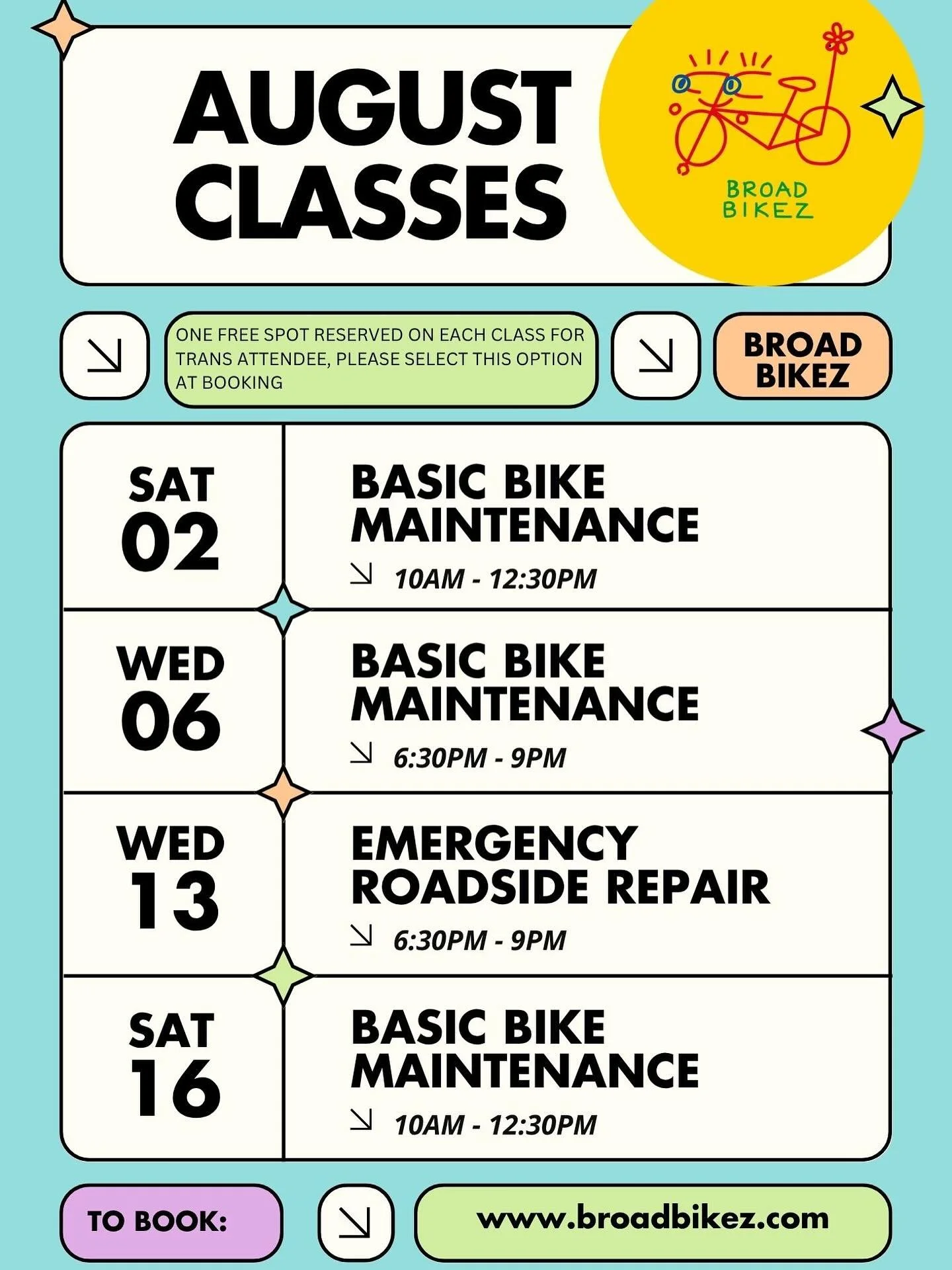 August Class Schedule is here!
We&rsquo;ve got a full line-up of hands-on bike repair classes this month &ndash; perfect for beginners, riders wanting more confidence on the road, or anyone curious about how their bike works.

✨ Emergency roadside re