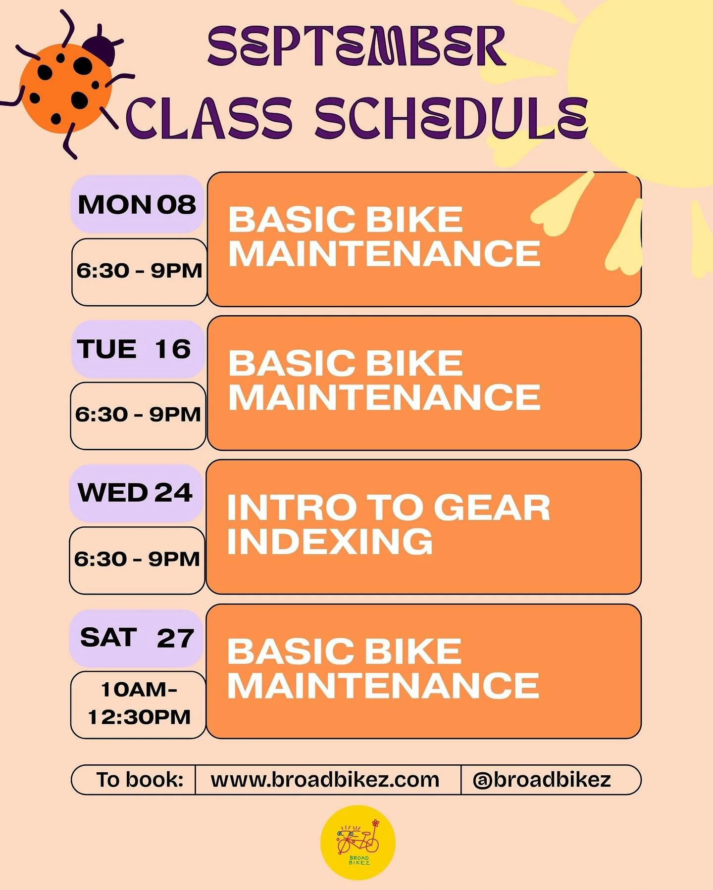 Our September class is open! 🎉
Come hang out, learn bike bits, and spend time in good company 🚲✨

Booking link&rsquo;s in the bio, and if you have any questions, just email us.

We&rsquo;d love to have you in the space 🌸💜
