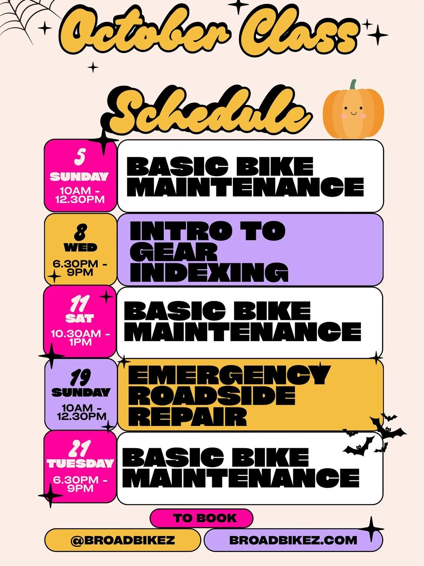 🚲✨ October is here and we have updated this months class schedule 🎃🕸️

From the basics to roadside repairs, we&rsquo;ve got you covered this month. Whether you&rsquo;re new to cycling or just want to feel more confident fixing your ride, come join