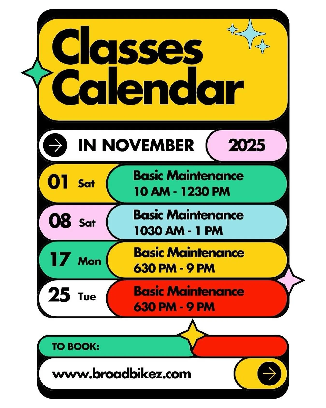 November&rsquo;s our last month of workshops before we take a short break to move into our brand new home 🧰🚲💫

Join us for our final round of classes and help us wrap up this chapter with good tunes, good chats, and even better bikes.
⁠
📅 Check t