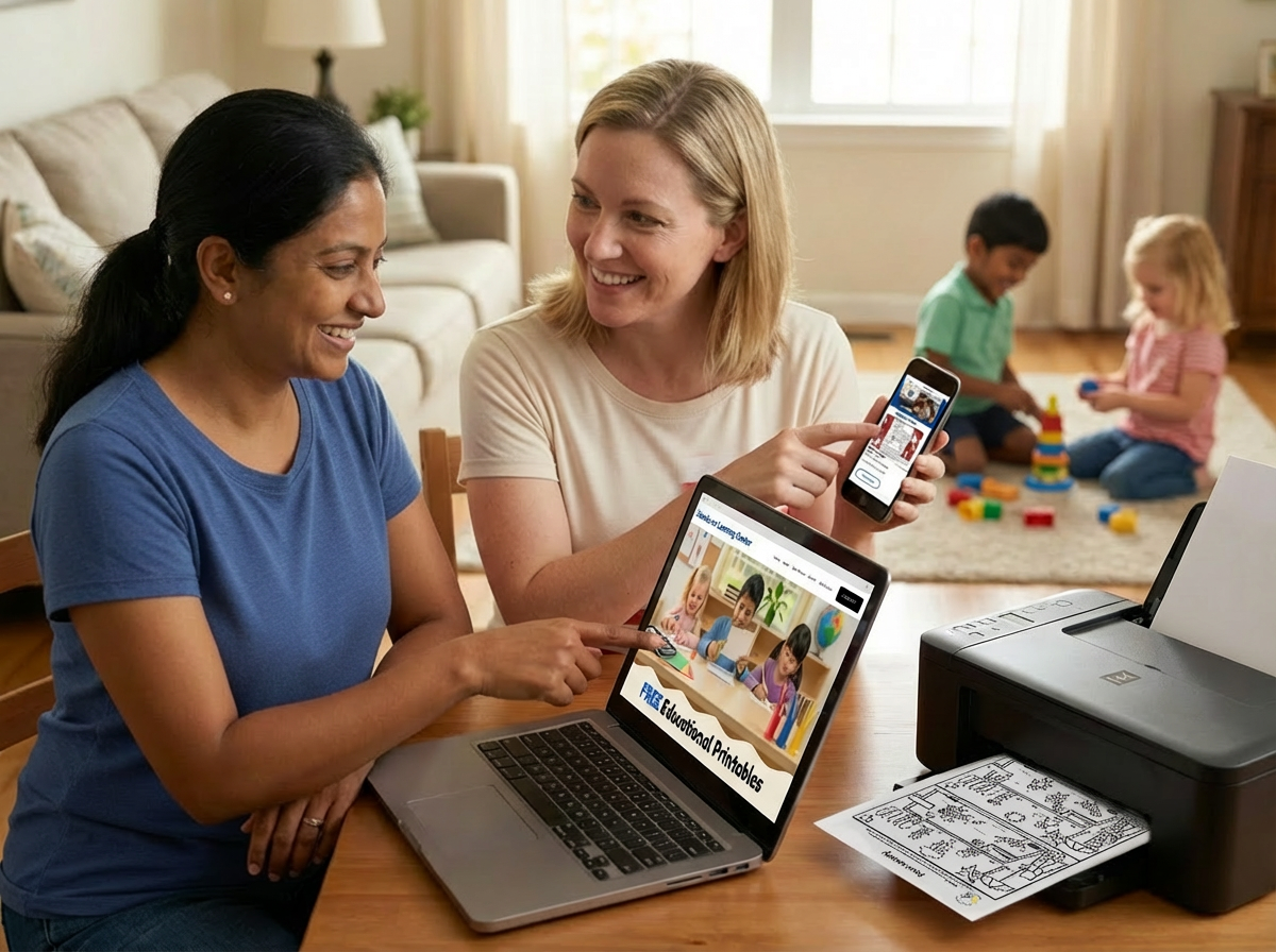 Two women sitting at a table using a laptop and smartphone while two children play with building blocks in the background.