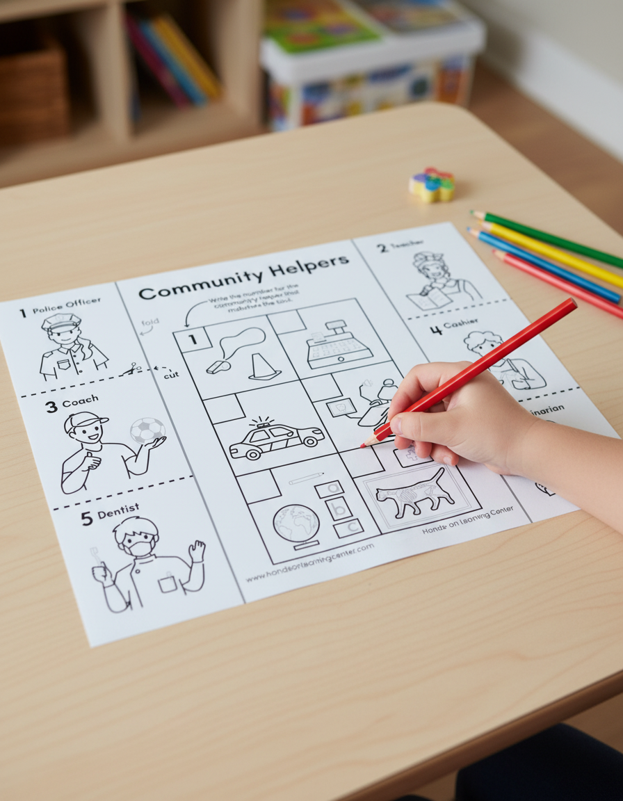 A child's hand coloring a worksheet titled 'Community Helpers' with a red-colored pencil. The worksheet features black-and-white illustrations of community helpers like police officers, coaches, and dentists, along with related images to match or color in.