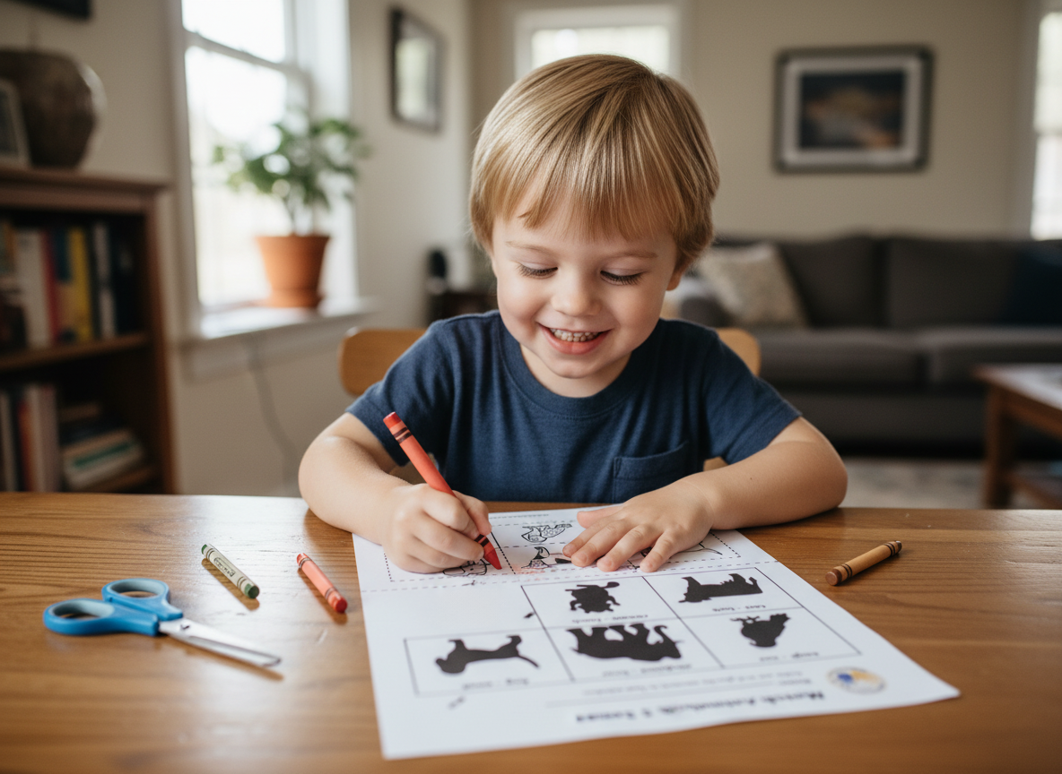 A young boy sitting at a wooden table, smiling and coloring on a worksheet with images of animals like a pig, dog, and cat, surrounded by crayons, scissors, and a crayon on the table, in a cozy living room with windows, shelves, and framed pictures.