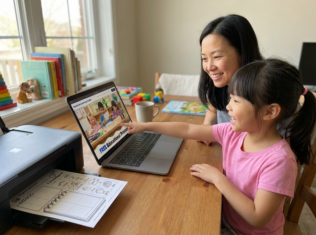 A woman and a girl sit at a wooden table looking at a laptop screen together. They are smiling, and the girl is pointing at the screen. The laptop shows an educational children's website. The table has books, a mug, a printer, and some papers.