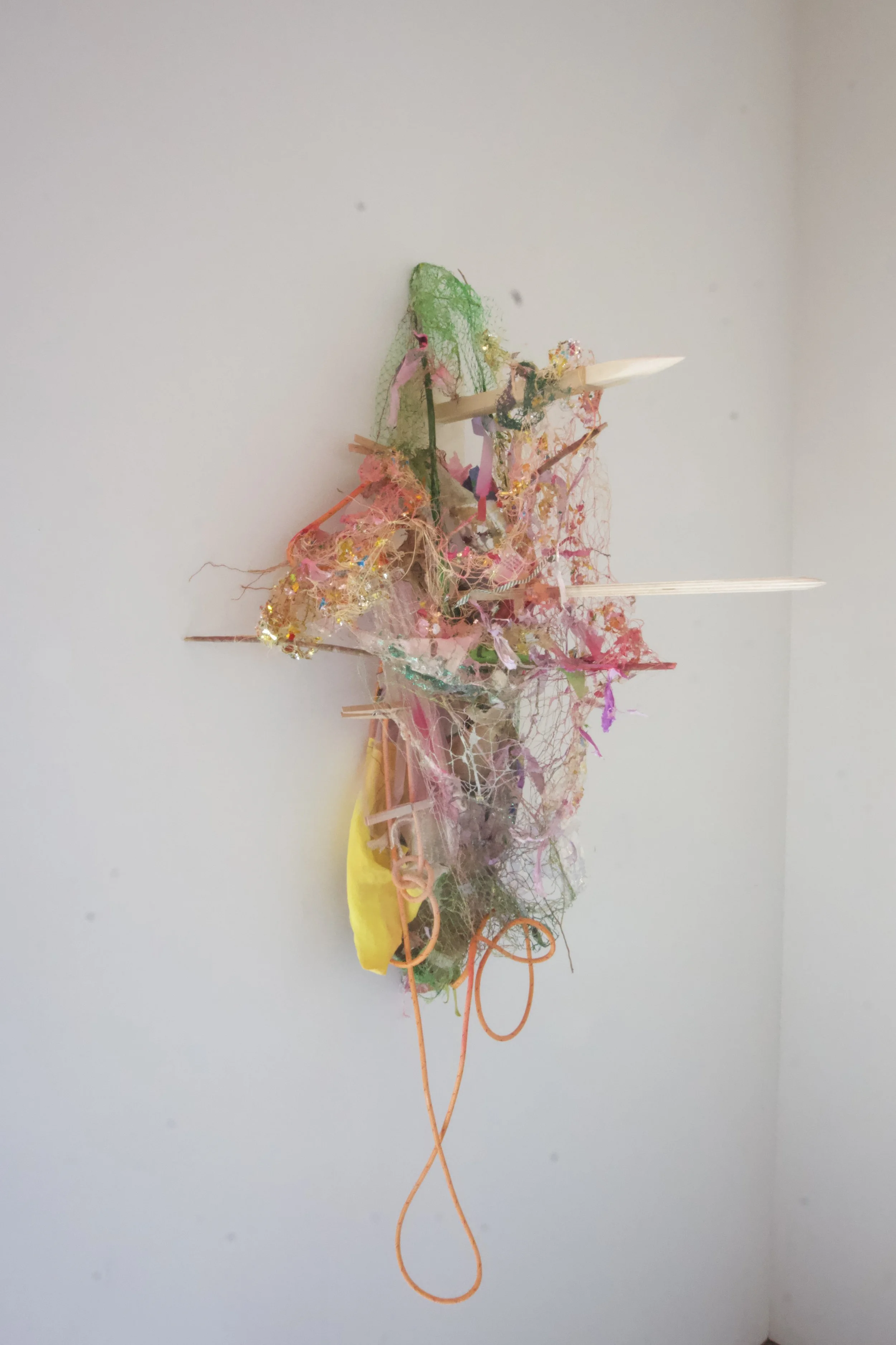“not for taking”, hand sewn net, collage, wire, rope, glitter, wood, 2026