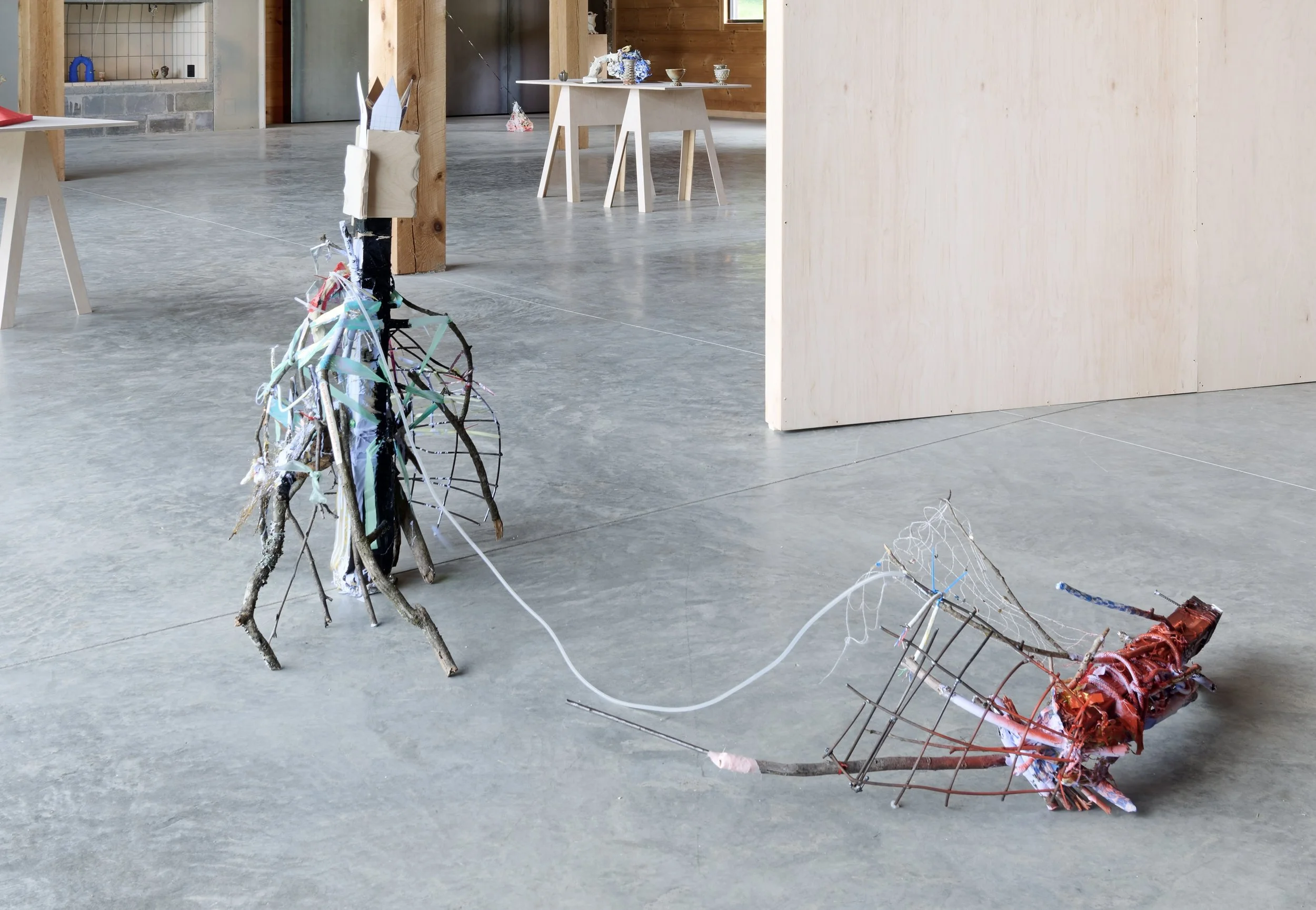 “old woman, (the eye is just an organ, the trees were ancient and knowing when we tore them down) the life your body shows makes you beautiful beyond compare.”

wood, sticks, ceramic, steel, ribbon, hair, collage, paint, mirror paper, 2026