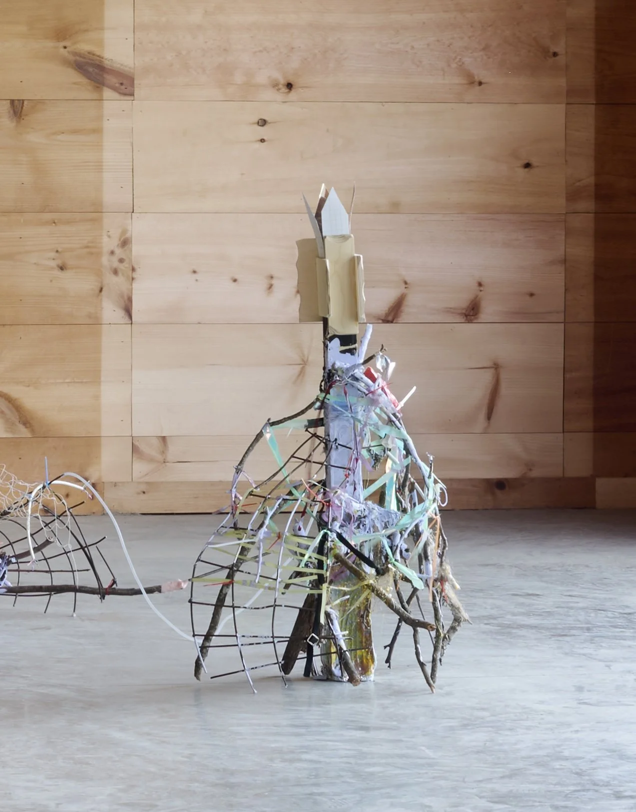 “old woman, (the eye is just an organ, the trees were ancient and knowing when we tore them down) the life your body shows makes you beautiful beyond compare.”

wood, sticks, ceramic, steel, ribbon, hair, collage, paint, mirror paper, 2026