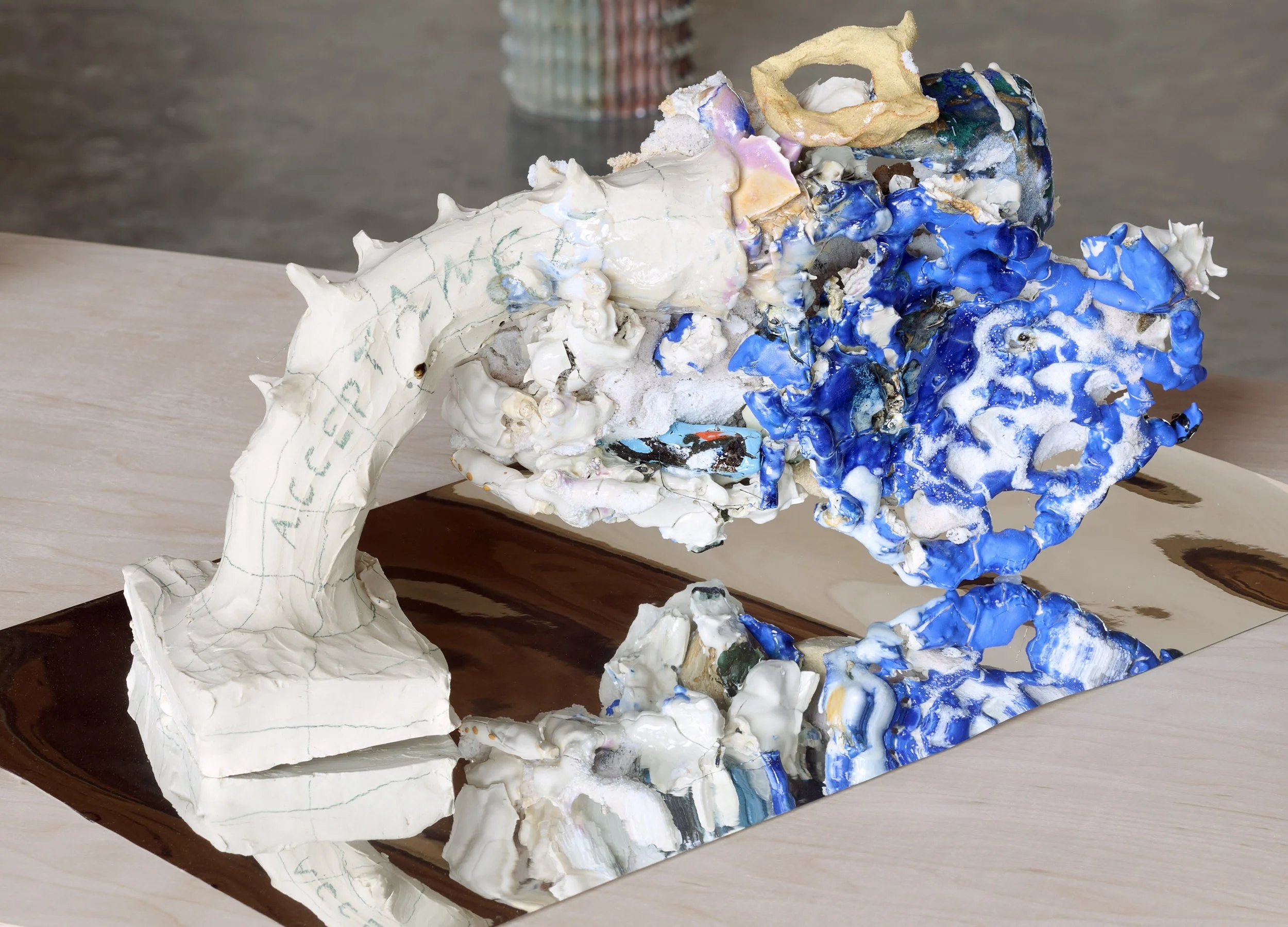 “I hear a bell chime in some distance”,
stoneware, glaze, ceramic slip casted hand sewn net, 2026