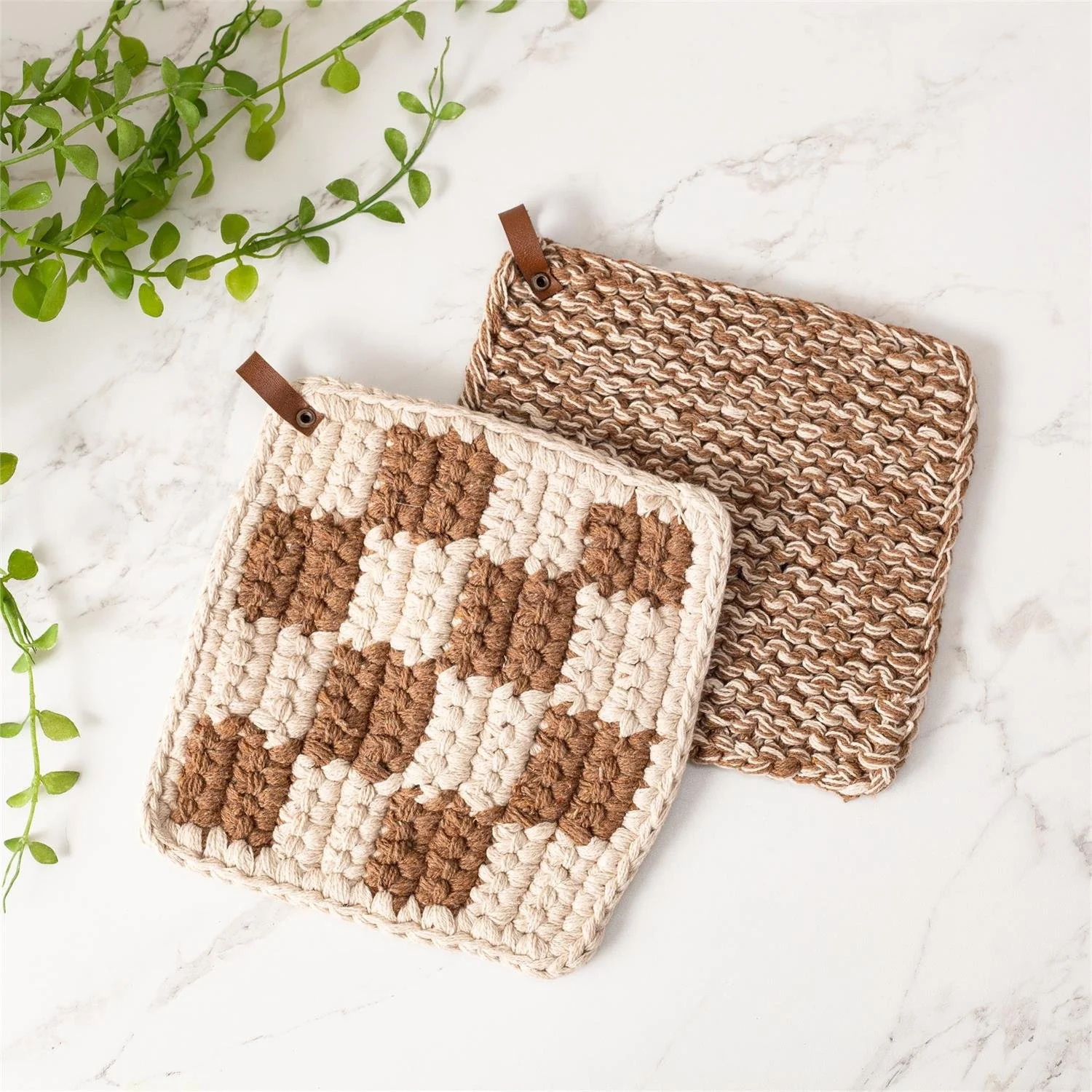 Brown and Cream Knitted Pot Holder Set