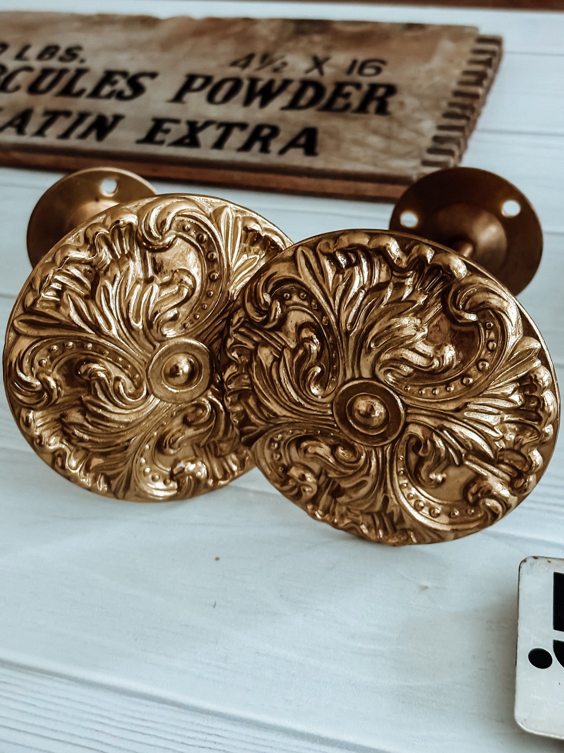Pair of Vintage Solid Brass Ornate Curtain Wall Mounts