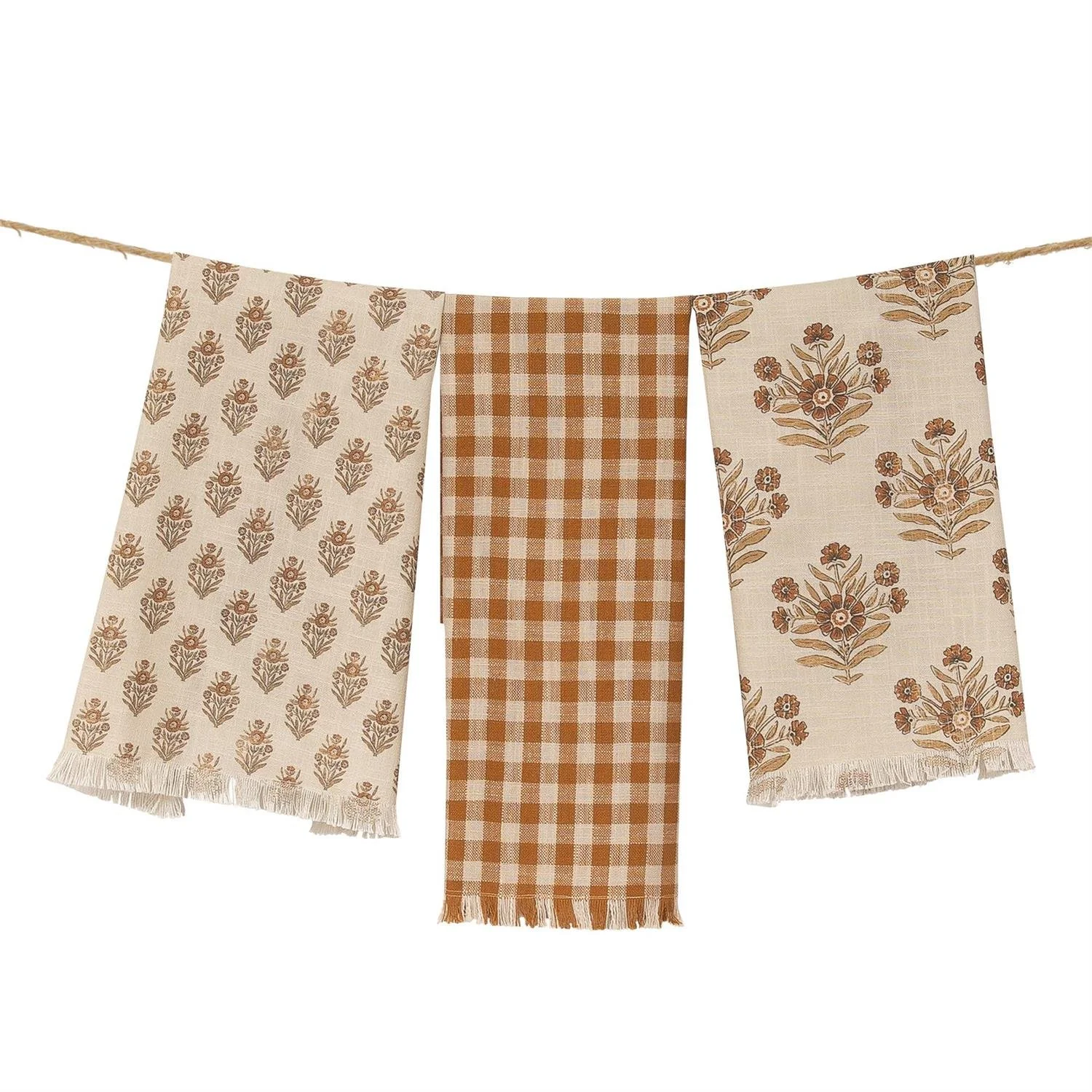 Rustic Elegance Tea Towel Set - Block Print Silhouette & Check