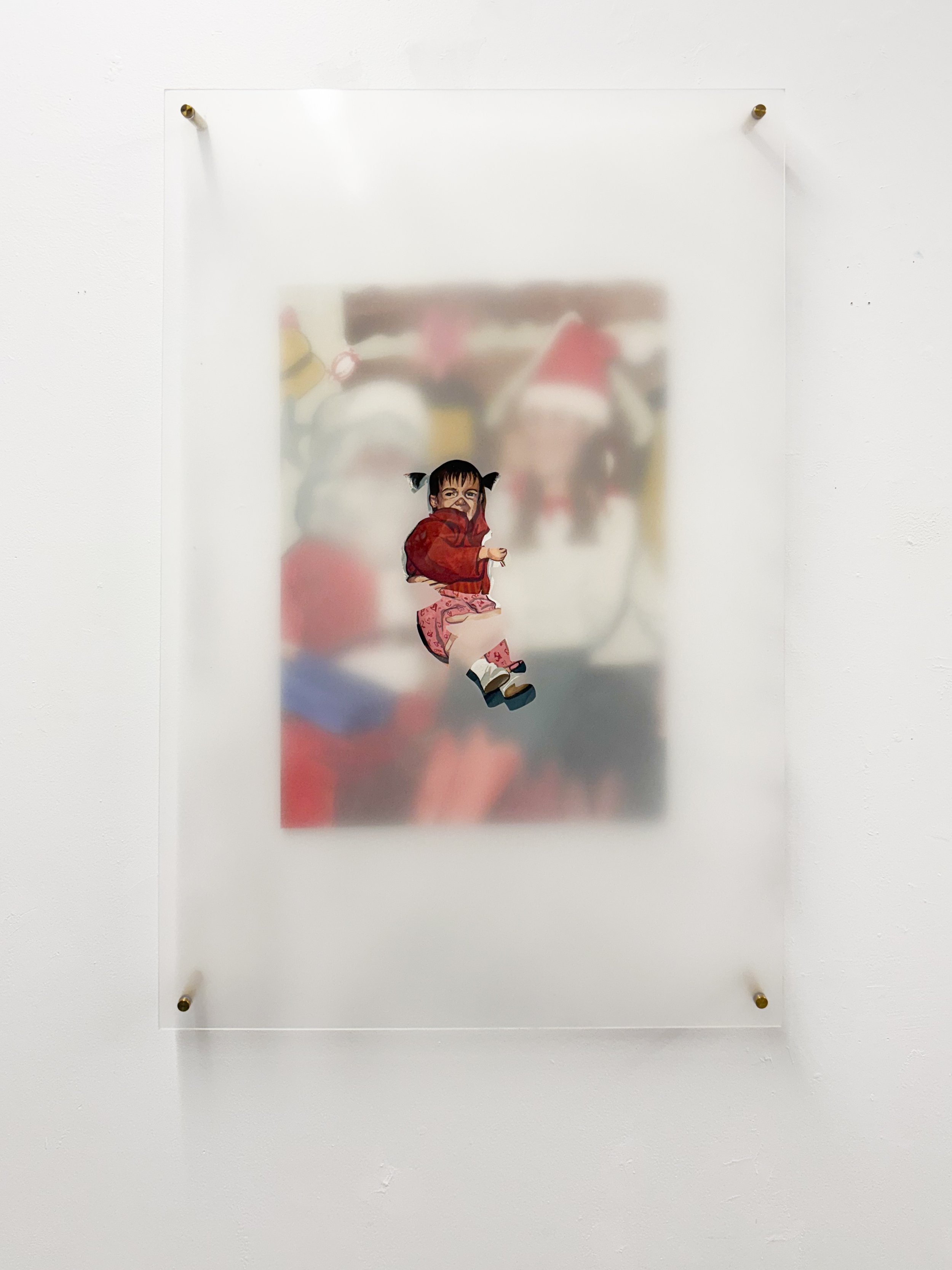 "Meeting Santa", Gouache on Paper with Frosted Acrylic and Metal Hardware, 16"x20", 2025