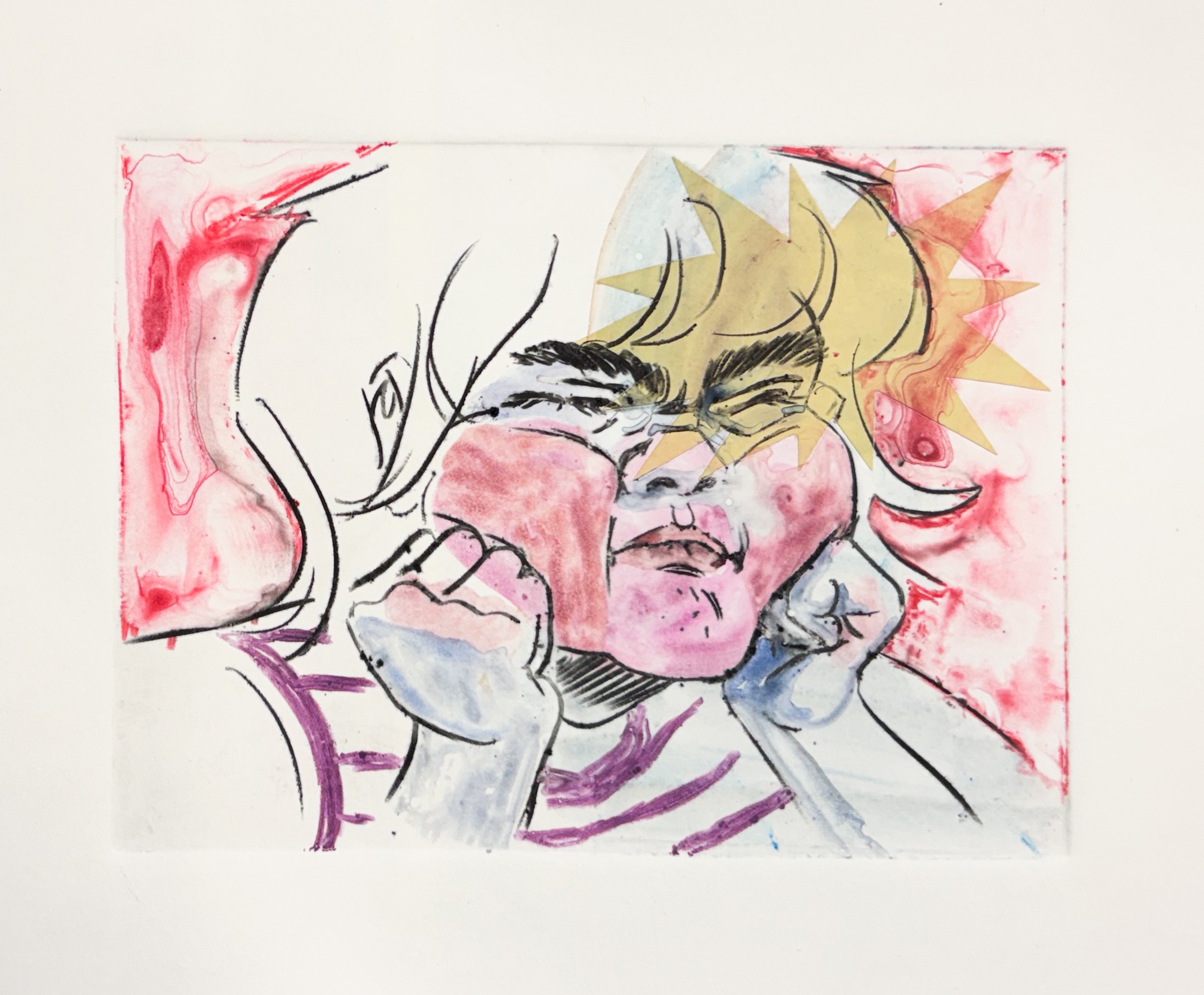 "I'll hold my breath 'til I pass out", Water-based monotype on paper, 9"x12", 2025