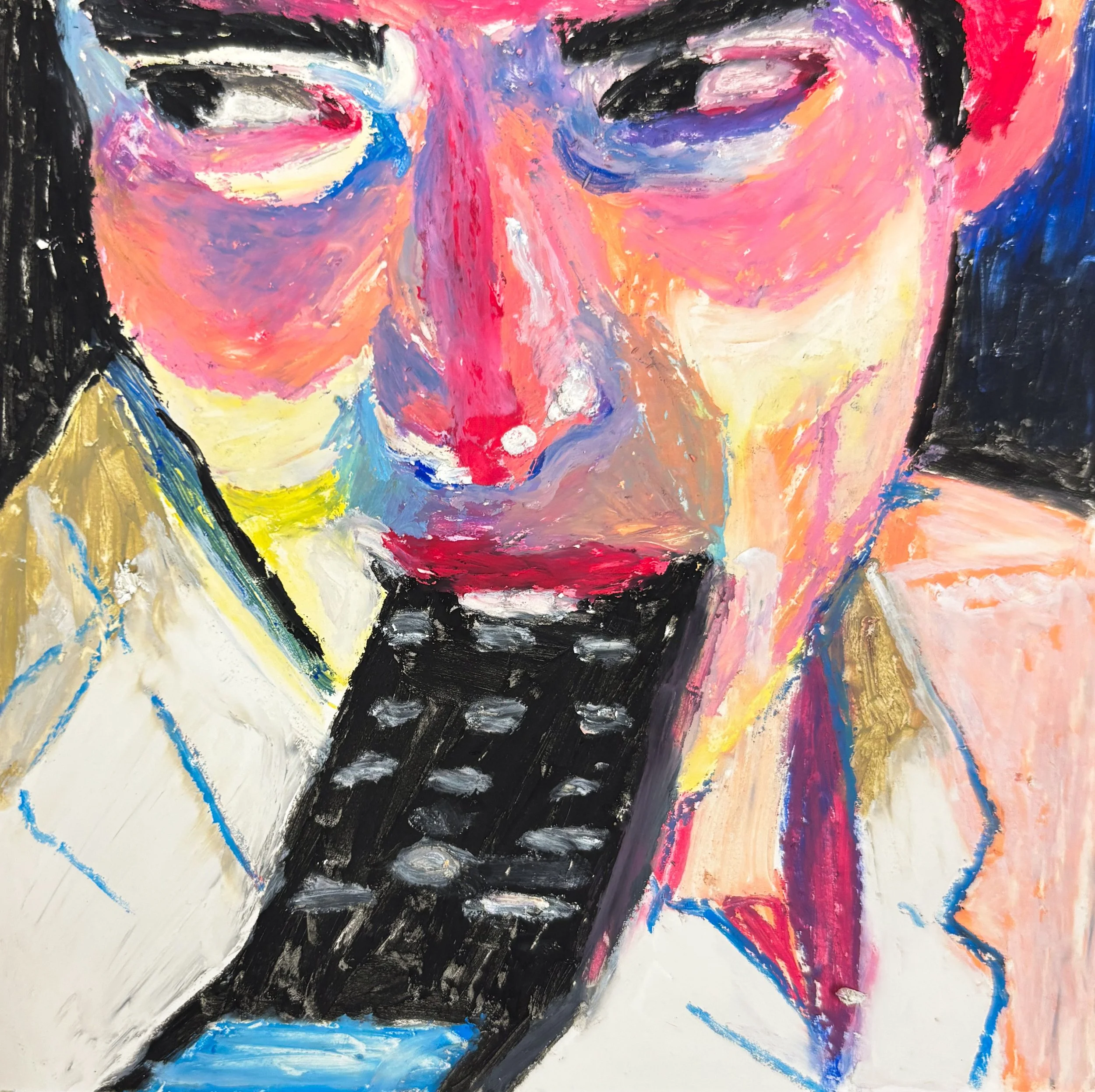 "Jamie with Flip Phone", Oil Pastel on Panel, 4"x4", 2025