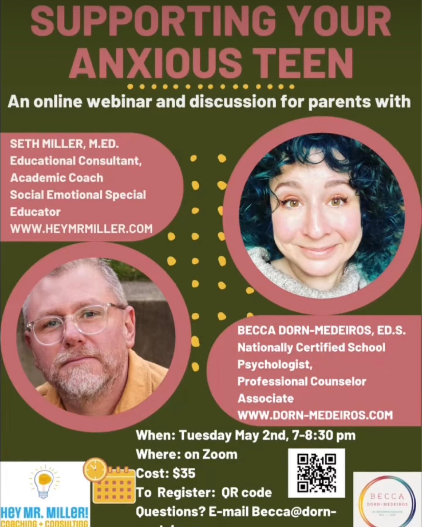 Hey all, my friend and I are cohosting a webinar on May 2, all about anxiety and teens. We&rsquo;re going to cover a lot of material and will have some Q&amp;A time at the end. If you&rsquo;ve ever wondered what is going on in your kid&rsquo;s brain 