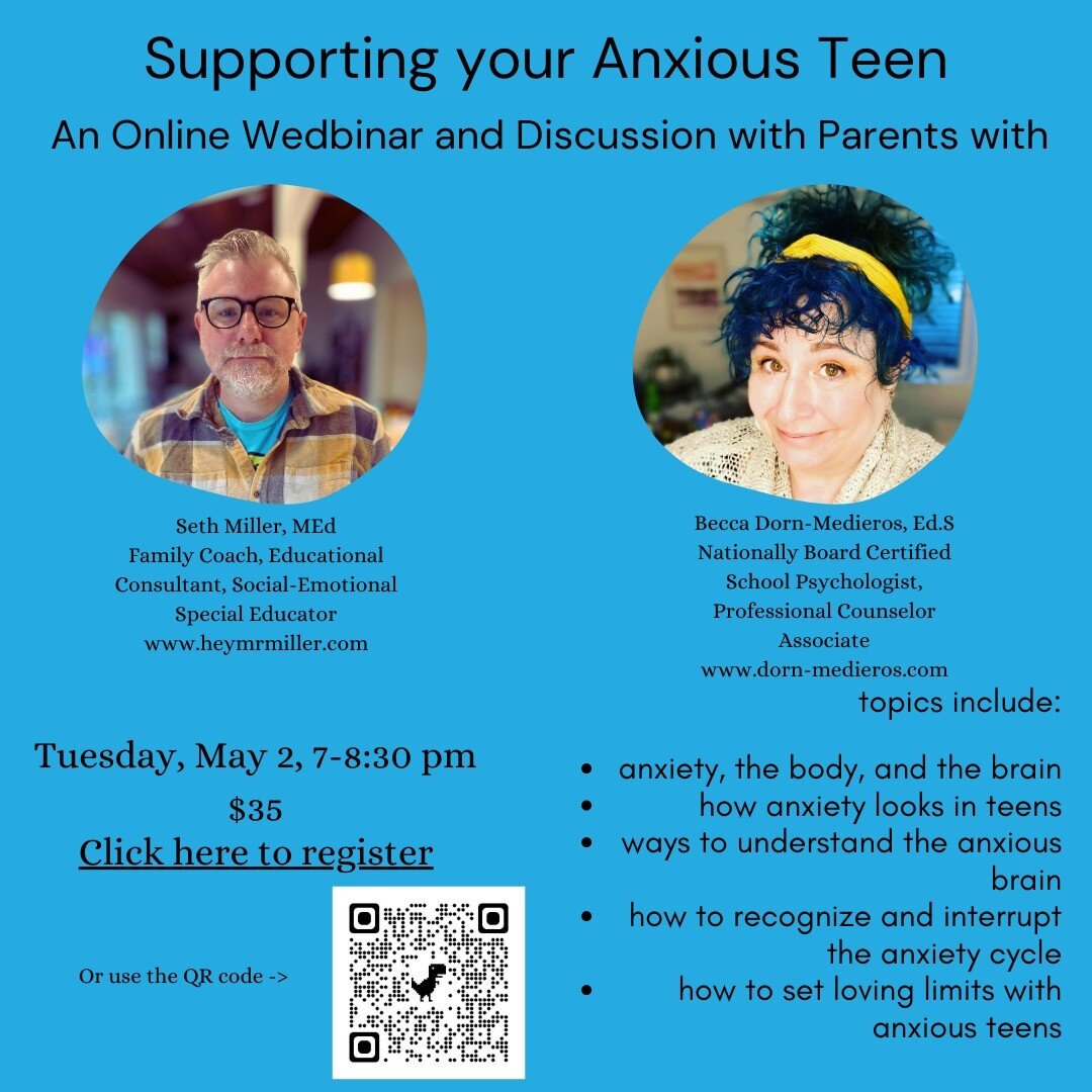 Next Tuesday, join me and my buddy Becca as we talk about anxiety and teens. We'll be covering a lot of interesting stuff, including: 
*anxiety, the body, and the brain
*how anxiety looks in teens
*ways to understand the anxious brain
*how to recogni
