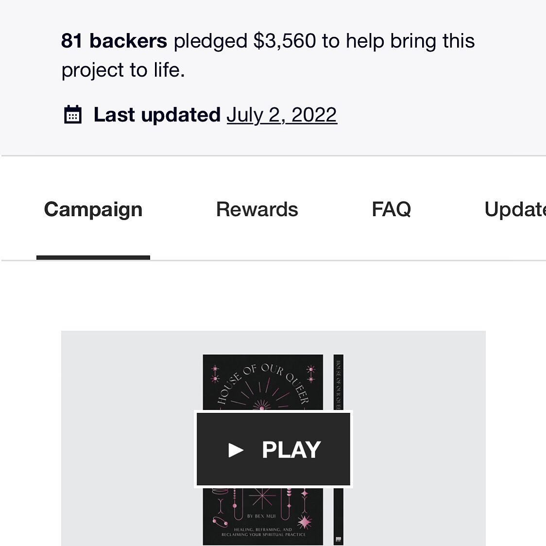We did it!!!

Thanks to 81 people who backed (and everyone who shared), we raised $3,560 bucks for House Of Our Queer: Healing, Reframing, and Reclaiming Your Spiritual Practice by Bex Mui.

June was a very thrilling month. We were on the edge of our