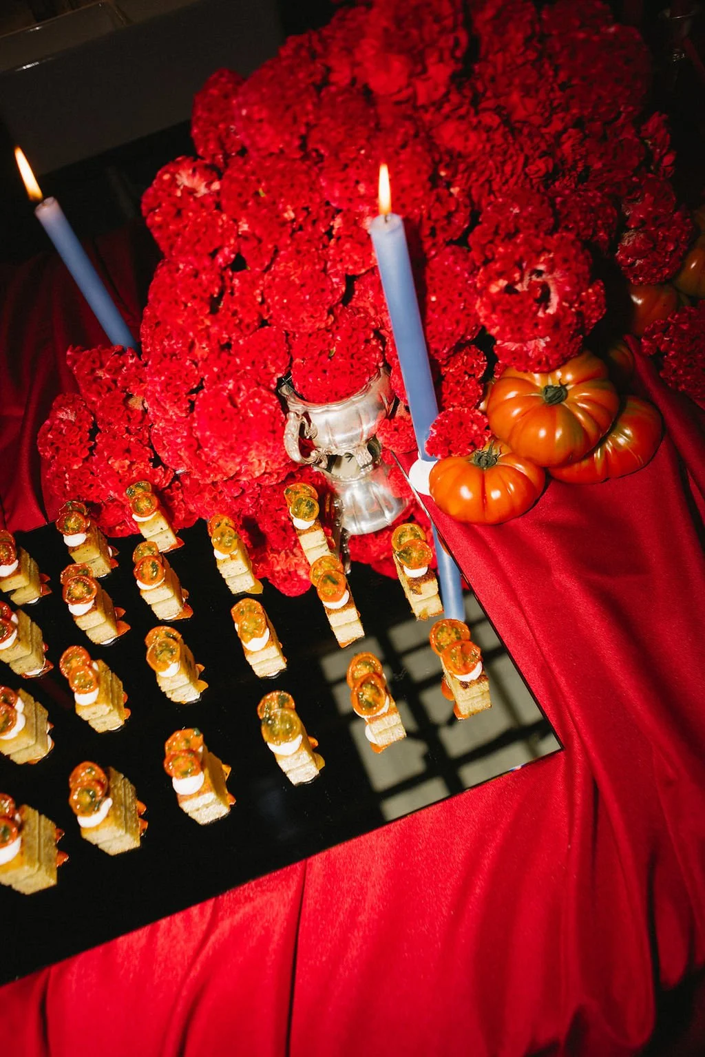 Close up of food by Cote Catering and floral display created by Isadia Florals for the Together Journal 10 Year Party styled by LVR Bridal Events