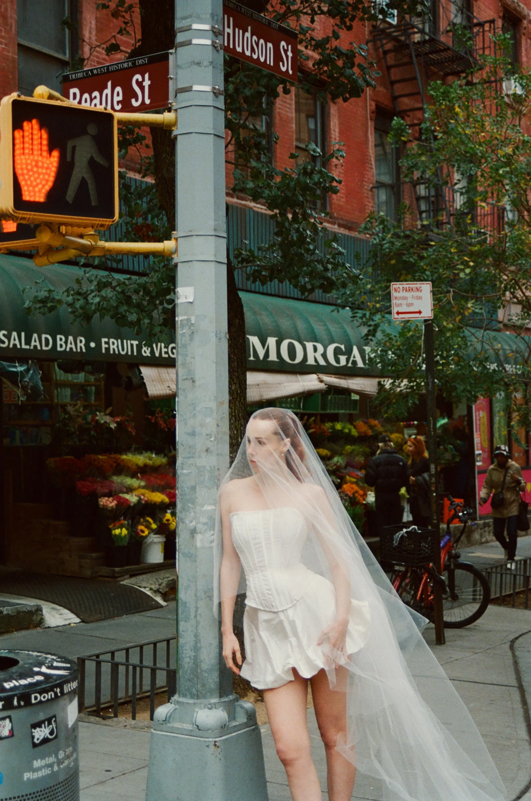 Close up of Sawyer Corset, Emma Blusher Veil and Daphne Mini Skirt by LVR Bridal in the streets of New York City