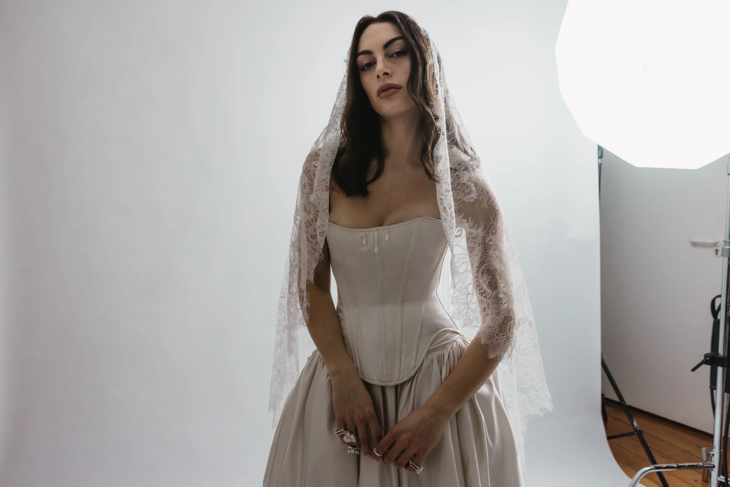 LVR Bridal Nico Mantilla Veil styled with Margot Corset and Charli Skirt for a modern wedding look for a fashion-forward bride