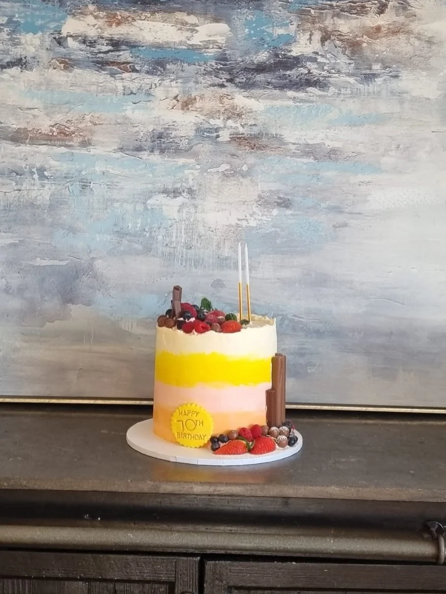 A beautiful cake for a very special milestone celebration 🎉

This vibrant 70th birthday cake, created in one of my most popular flavours &mdash; vanilla &amp; strawberry &mdash; was made to help celebrate a wonderful family gathering at @the.rupert.