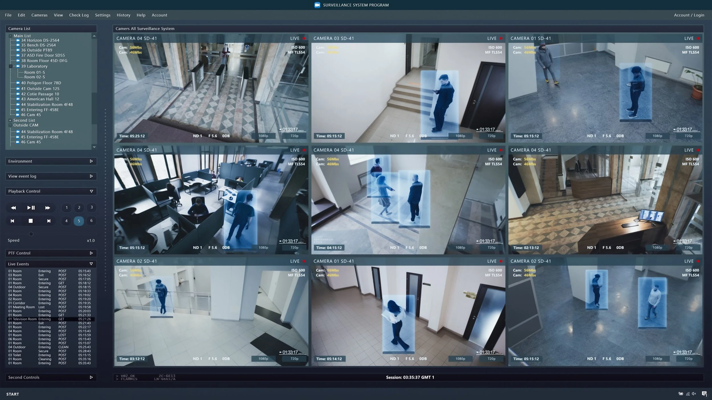 Multi-camera surveillance system software interface displaying nine live CCTV feeds across a building