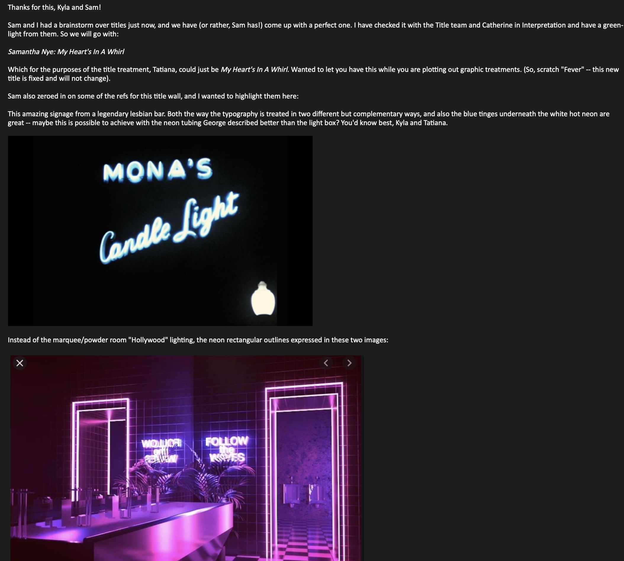 "Mona's Candle Light" Neon and lighting references