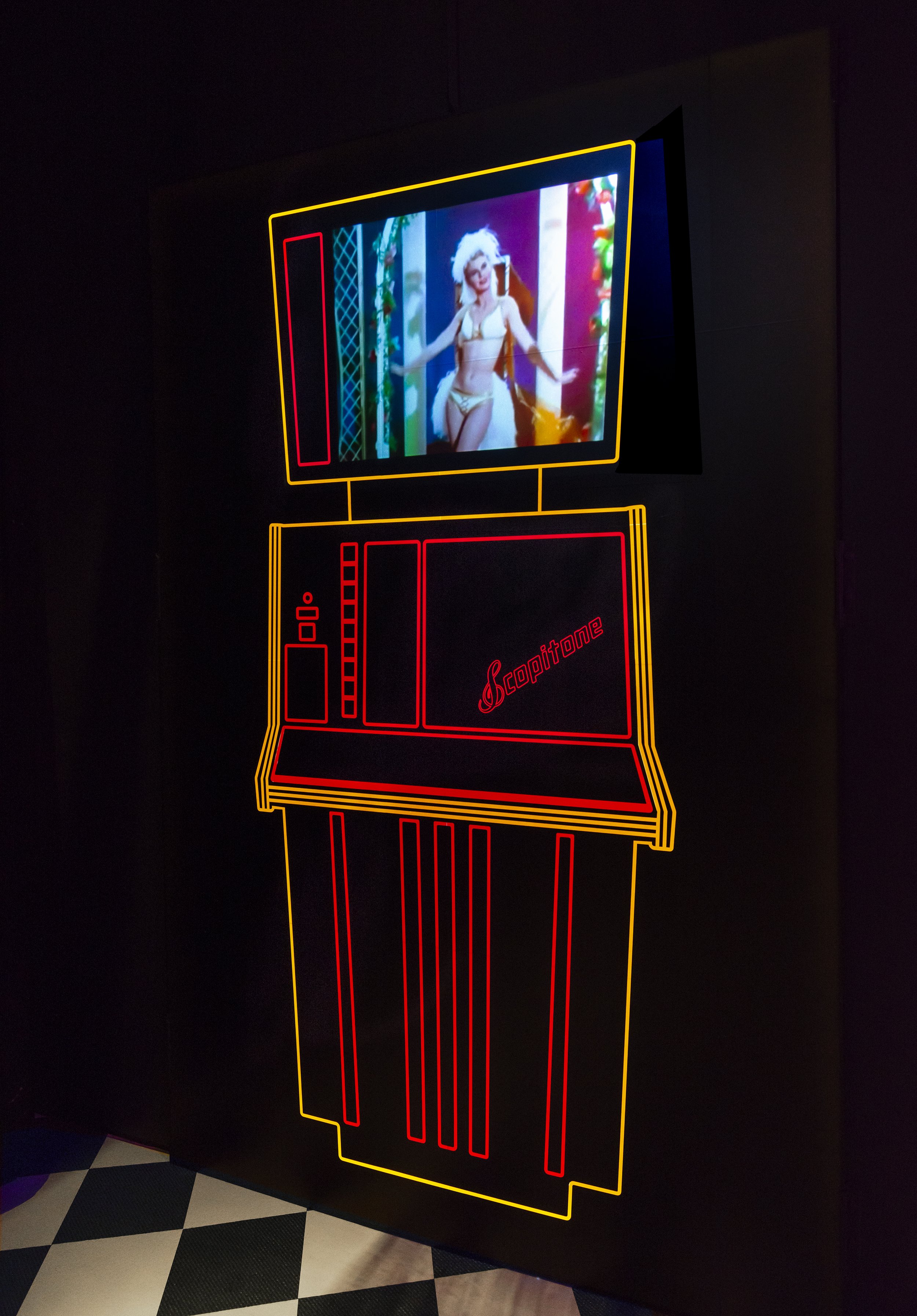 Light-up Scopitone display with projected music videos