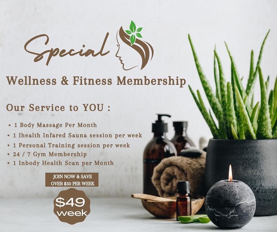 JOIN OUR WELLNESS &amp; FITNESS MEMBERSHIP OFFER AND YOU WILL RECEIVE OUR PREMIUM MEMBERSHIP PACKAGE:

OUR SERVICE TO YOU:
❤️ 1 BODY MASSAGE PER MONTH
❤️ 1 IHEALTH INFARED SAUNA SESSION PER WEEK
❤️ 1 PERSONAL TRAINING SESSION PER WEEK
❤️ 24 / 7 GYM M