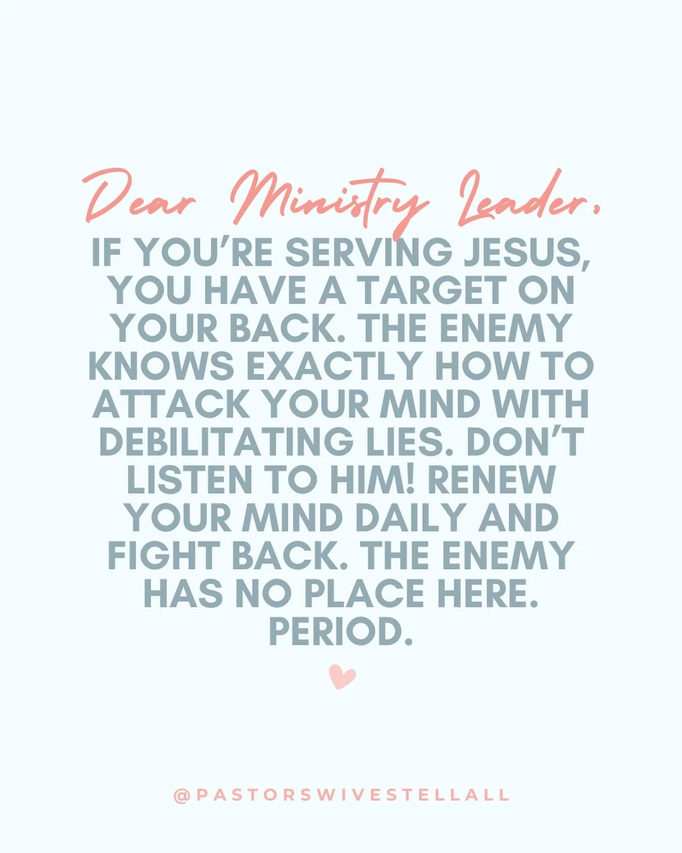 You have a target on your back. Don&rsquo;t fret. But be mindful, and pray like your ministry depends on it&hellip; because it does. 🙏🏼😉

The enemy has no place here!

#christianquotes #pastorswives #pastorswife #churchleaders #churchquotes